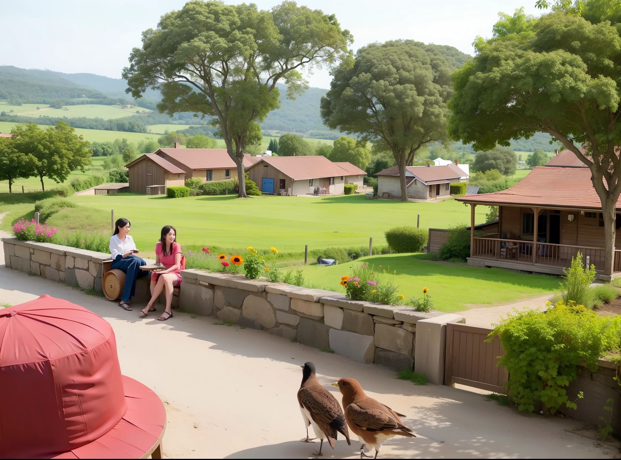 Country lifestyle rural life, leisurely and comfortable. Beautiful calm, view flying birds , animals are playing in loan, beautiful Village all people are gossiping and giggling