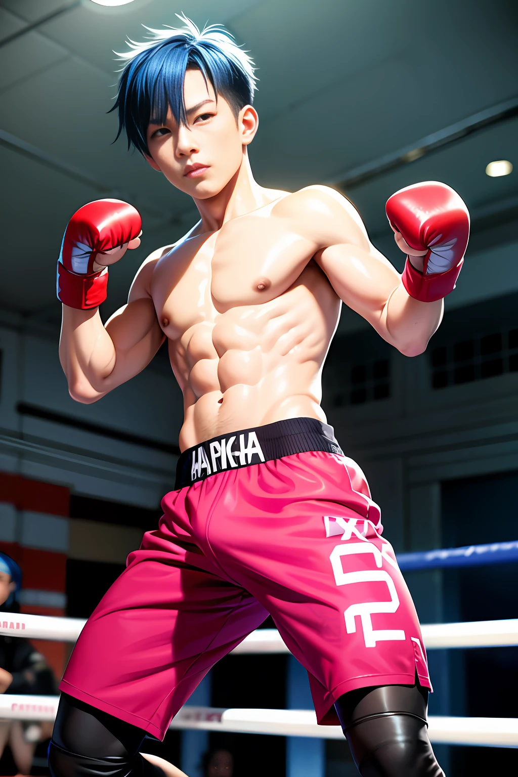 Boxing pants, blue hair, scars on body, pink eyes, upper body naked, boxing pose, young asian male with black bandage on hands, boxing boots