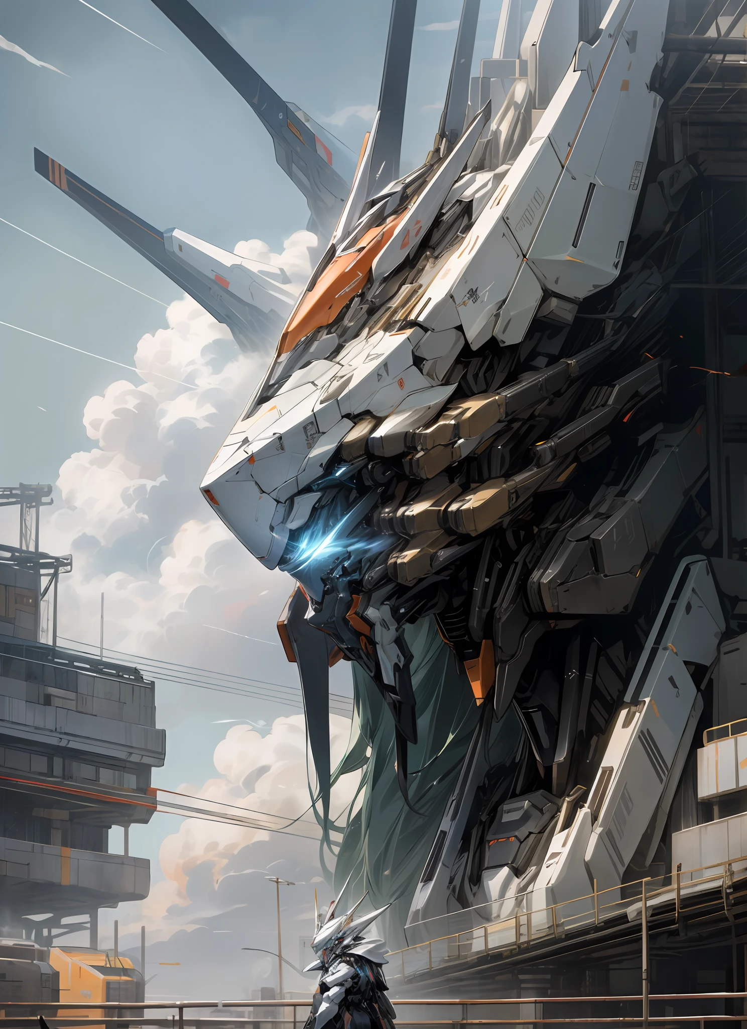 "Sky, white clouds, robots with weapons, no one, illusory light, mechanized giant robots, tall buildings, shining robot eyes, mecha, futuristic science fiction, cityscape, real-life mecha".