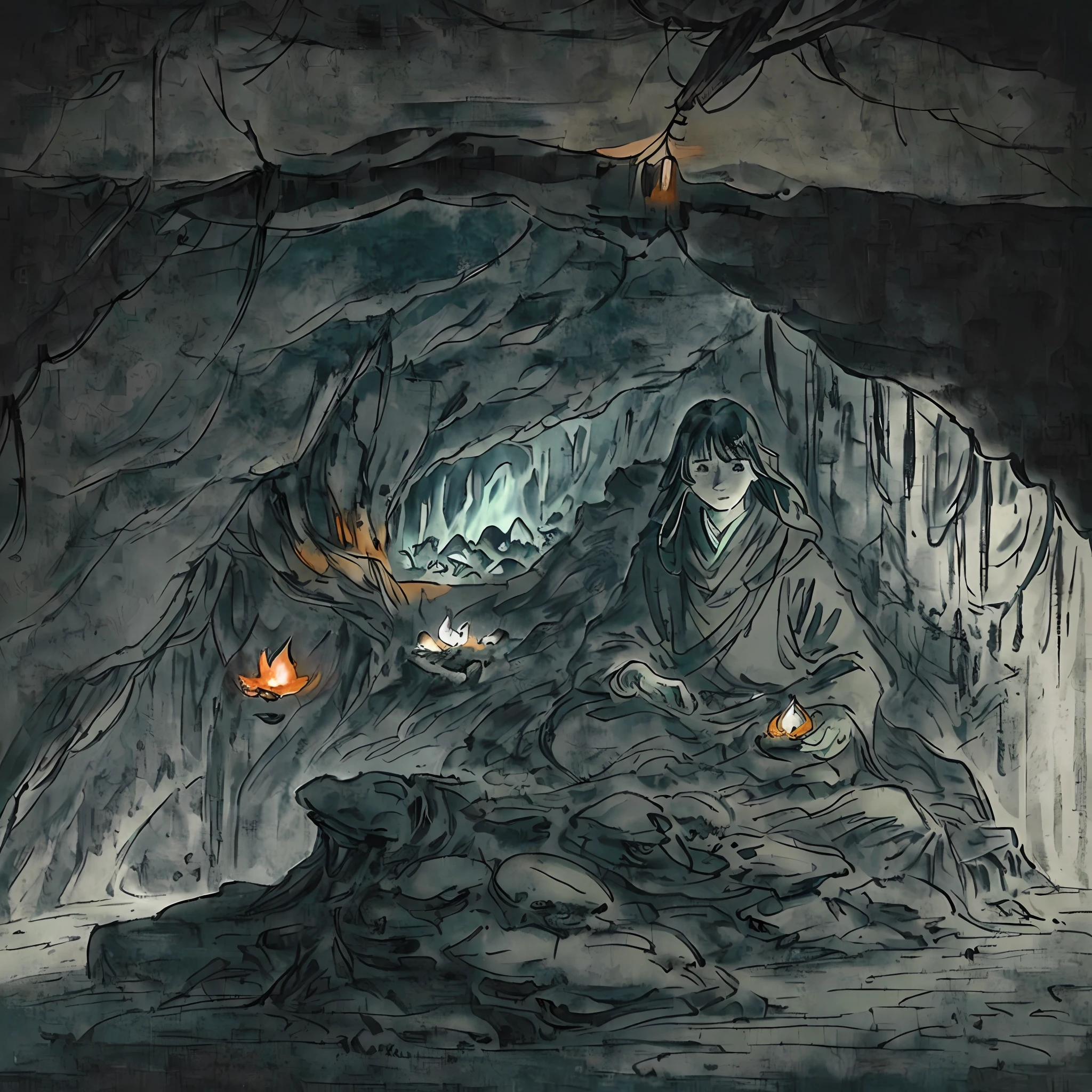 very detailed illustration, very saturated colors (hyperrealistic), a mysterious woman in the foreground (maron hood, looking at the ground, exploring), background of the image: interior of a dark cave(black, pointed stone), many mushrooms on the ground(emit radiant green light), some crystalline stones on the walls (blue, diffuse brightness), jet of water (translucent, falls horizontal from above), orange light (very dense, very intense, above the image, enters horizontally through the ceiling of the cave), roots in the cracks of the walls (black, very thin), light fog throughout the room, scenery with very dark night light, very dark and elongated shadows