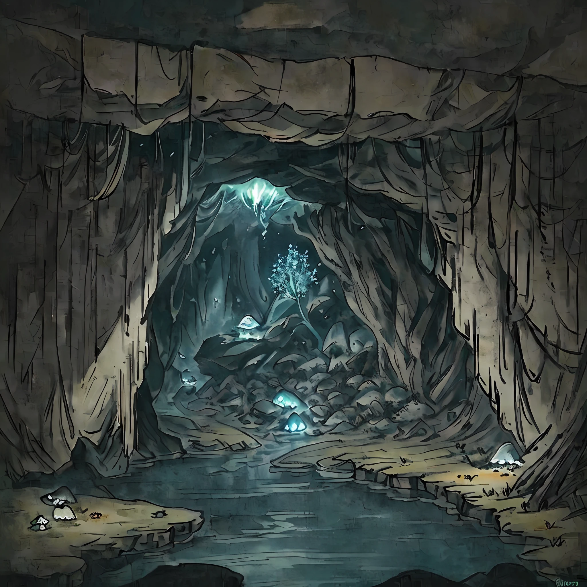very detailed illustration, very saturated colors (hyperrealistic), a mysterious woman in the foreground (maron hood, looking at the ground, exploring), background of the image: interior of a dark cave(black, pointed stone), many mushrooms on the ground(emit radiant green light), some crystalline stones on the walls (blue, diffuse brightness), jet of water (translucent, falls horizontal from above), orange light (very dense, very intense, above the image, enters horizontally through the ceiling of the cave), roots in the cracks of the walls (black, very thin), light fog throughout the room, scenery with very dark night light, very dark and elongated shadows