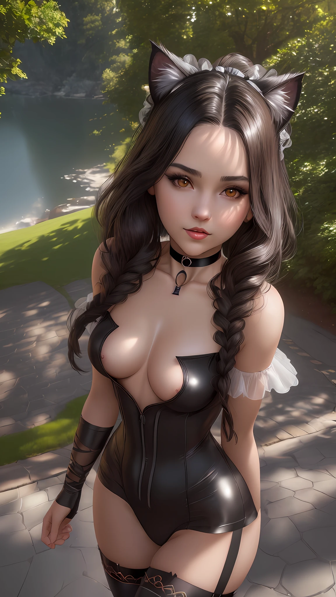 "Masterpiece, high quality, detailed, high resolution, 4k, 8k, realistic skin texture, amazing shadows, perfect lighting, hyper-realistic" A woman (dark hair, fair skin, choker, black cat cosplay, brown eyes, outlined eyes, small breasts), strapped clothes in a park
