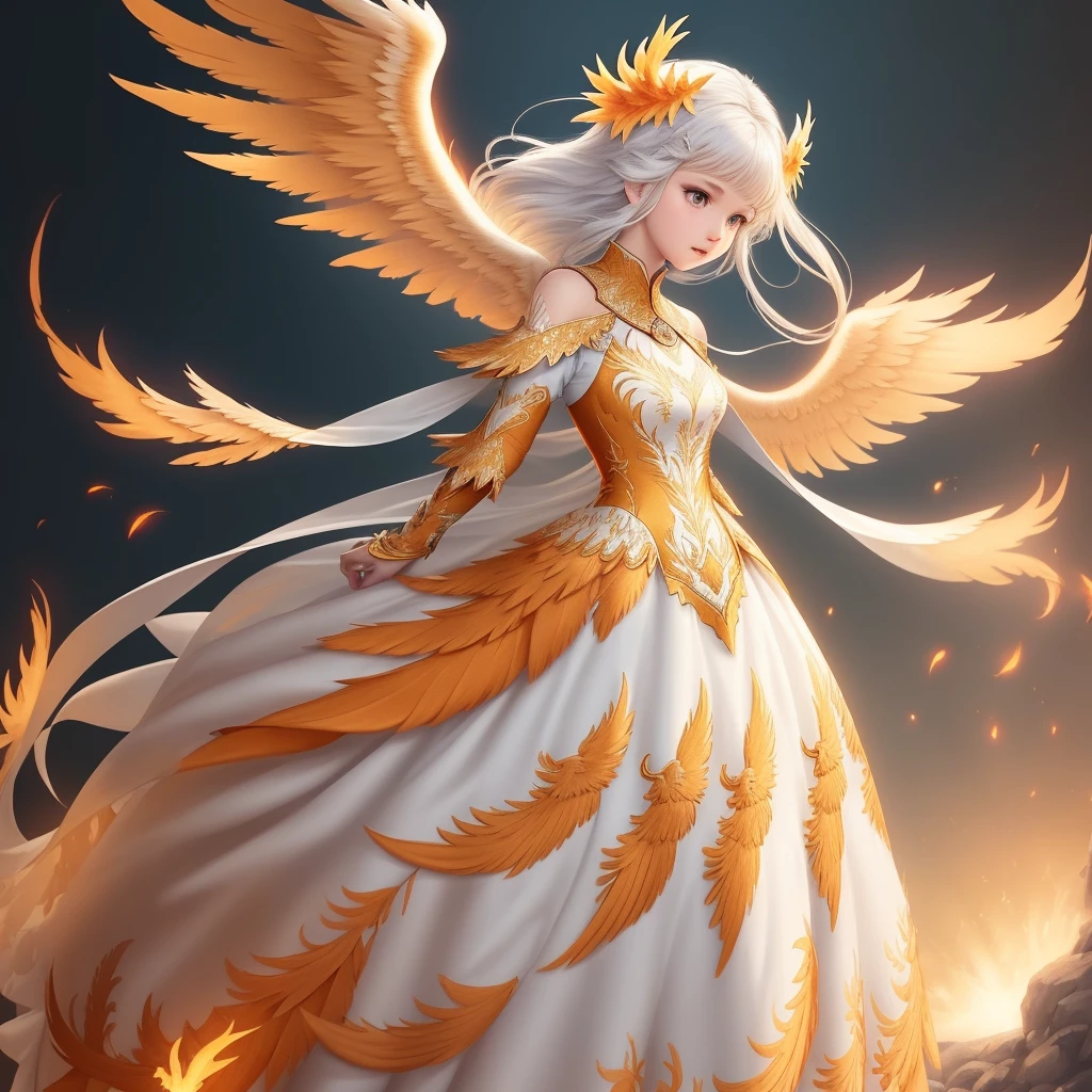 Design a dress with phoenix elements, light color, heavy embroidery process, super clear, super detailed