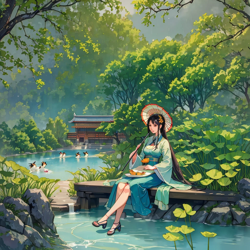 (Pastoral Life) (It's drizzling), (8K, best quality: 1.2), (Masterpiece: 1.37), (Photo, Realism: 1.37), (Ultra High resolution), Full body, Quiet pond with lotus leaves, water wheels turning, willow leaves hanging down above the picture, two mandarin ducks in the water, farmhouse, livestock house, granary, garden, terrace, swimming pool, a woman with an umbrella stops and looks at everything