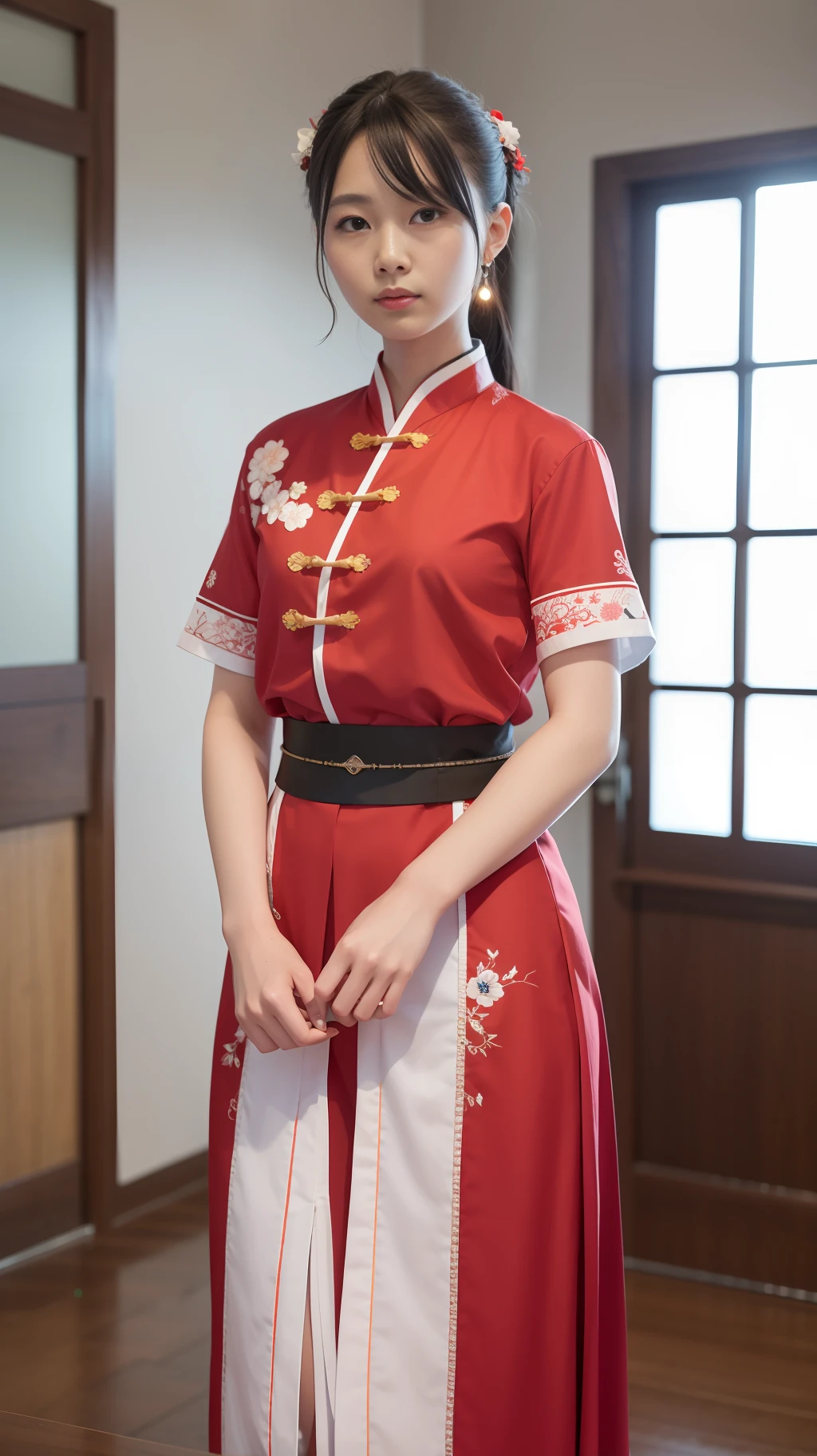 A beauty, wearing a set of women's trend short sleeves that combines modern style with Hanfu, shorts below, hanging on a hanger, gradient red, white and black X embroidered chiffon fabric, belt accessories, stand collar, embroidered with exquisite Chinese dragon, X set diamond craftsmanship, elegant, digital rendering, fantasy, HD, detail, body, skirt mop, movie light, rolling light 8k