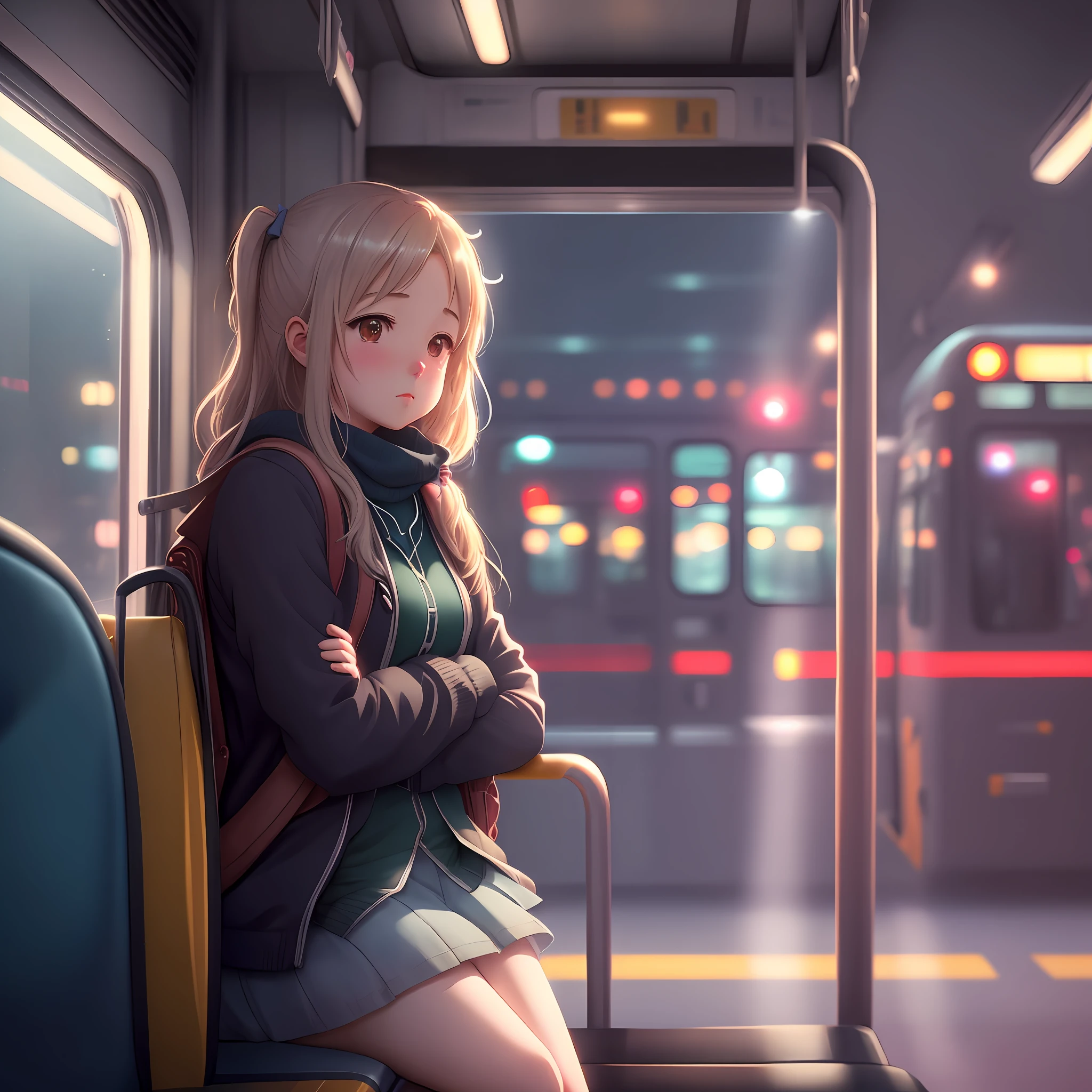 A girl riding a bus in the city, anime style cinematic soft lighting glow effect
