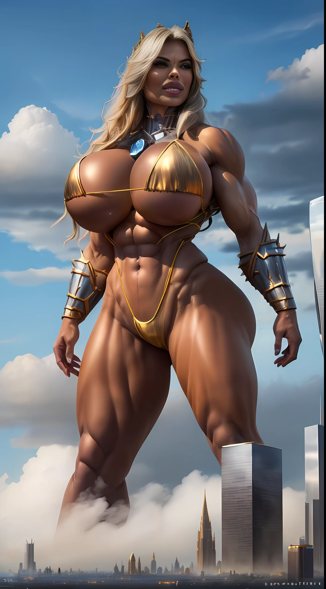 beautiful orc woman in a golden bikini standing in the distance faded by haze looming over a hyper realistic modern miniature metropolis, ((hyper realistic miniature skyscrapers in foreground, clouds in background, standing over clouds)), HyperMuscle, GTSgiga, GTScity, Looming, beautiful blonde hair,