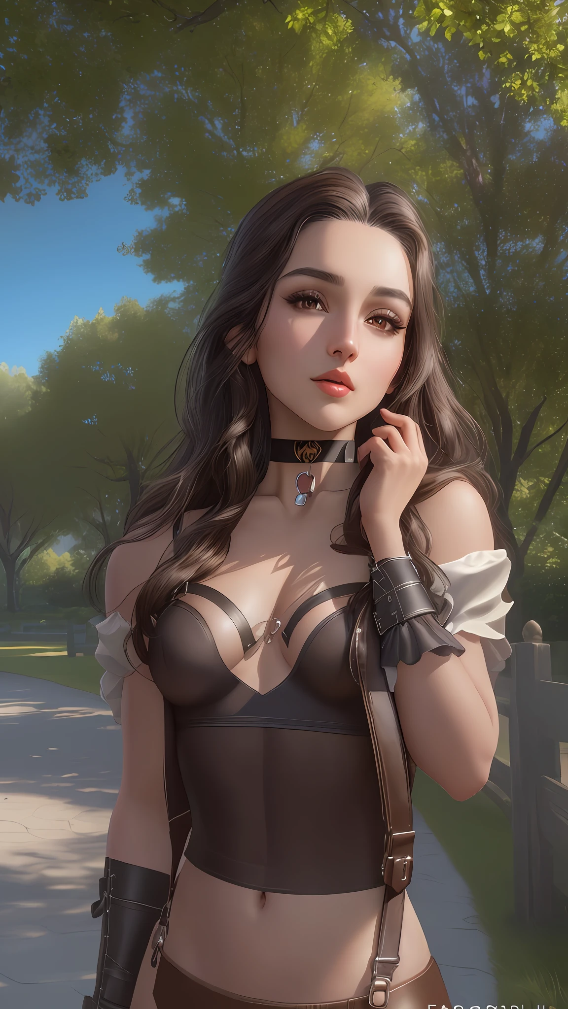 "Masterpiece, high quality, detailed, high resolution, 4k, 8k, realistic skin texture, amazing shadows, perfect lighting, hyper-realistic" A woman (dark hair, fair skin, choker, brown eyes, outlined eyes, small breasts), strapped clothes in a park
