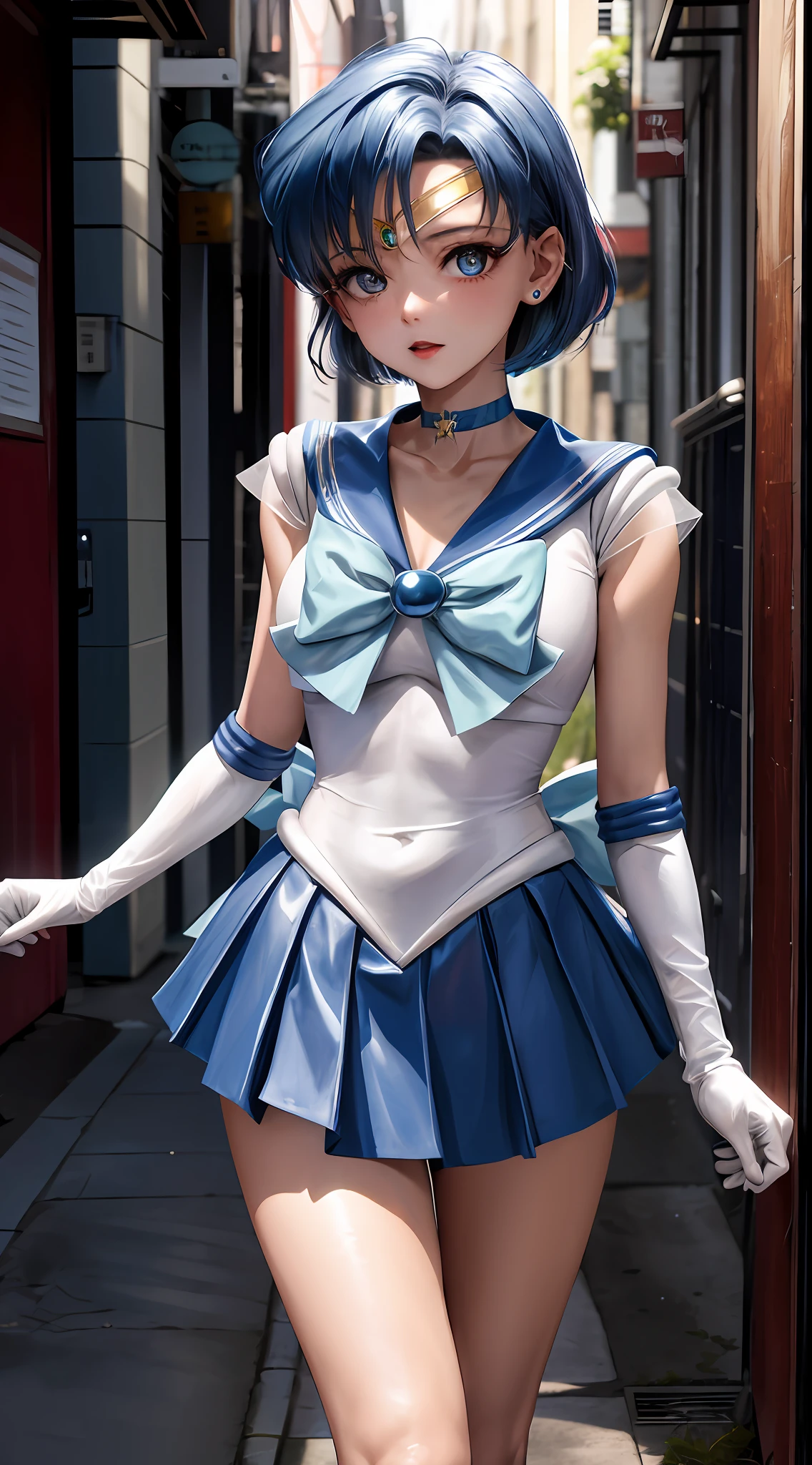 masterpiece, best quality, highres, mer1, tiara, sailor senshi uniform, blue skirt, blue sailor collar, tiara, bow, knee boots, choker, white gloves, blue choker, elbow gloves, jewelry, earrings, pleated skirt, cowboy shot, outdoors
