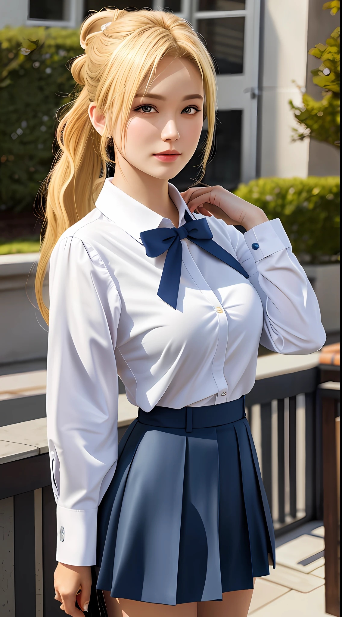 best quality, masterpiece, 1girl, Beautiful face, (blonde hair), (photo realistic:1.3), rim lighting, (high detailed skin:1.2), 8k uhd, dslr, high quality, high resolution, 4k, 8k, Bokeh, absurdres, best ratio four finger and one thumb, (realistic:1.3), cute 1girl, wearing blouse school uniform, medium breasts, short skirt, ponytail contorted,