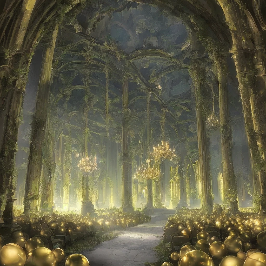 Very detailed illustration, high resolution, very saturated colors, image (hyperrealistic), point of view from below, vault (abbey windows, paintings, golden ornaments), a mysterious woman in the foreground (brown hood, look at the ground, exploring), inside a dark cave (black stone, pointed), many playstation 1 on the floor (emit radiant green light), some crystalline soda cans on the walls (blue,  diffuse brightness), jet of green mucus (translucent, falls horizontally from above), orange light (very dense, very intense, above the image, enters horizontally through the ceiling of the cave), a few roots in the cracks of the walls (black, very thin, small), light gray fog throughout the room, stage with very dark night light,  Very dark and elongated shadows