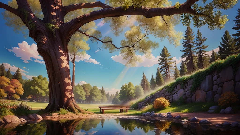 there is a large tree that is next to a small pond, sunny during the day, beautiful quiet day, on a sunny day, seen from below, summer afternoon, on a bright day, on a sunny day, sitting in a reflective pool, bright sunny summer day, bottom angle, bottom view, puddle of sun, seen from below,  beautiful sunny day, quiet day. wtrcolor style, (pink) digital art, official art, windblown, masterpiece, gorgeous, ((watercolor)), ink splashes, intricate details. Great detail, [pinging: 0.7], Trending at Artstation, Rachel Walker