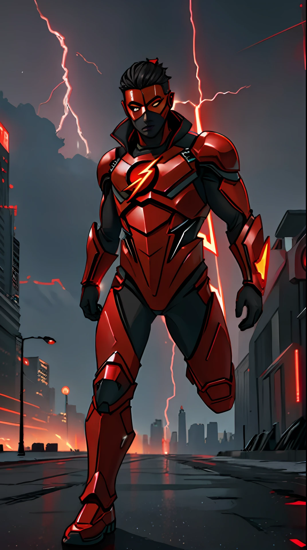 the flash , black and red armor, invoked mask, running, in the background a city, lightning in the sky, ultra details, ultra realistic, cinematic , octane render, 16k