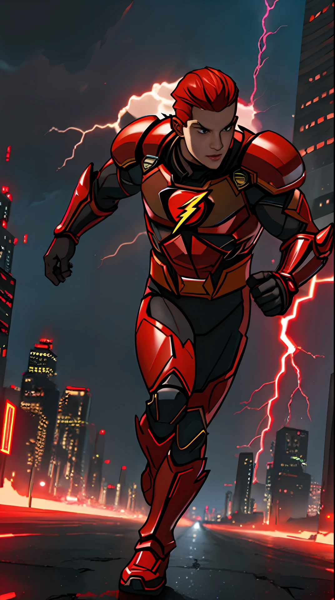 the flash , black and red armor, invoked mask, running, in the background a city, lightning in the sky, ultra details, ultra realistic, cinematic , octane render, 16k