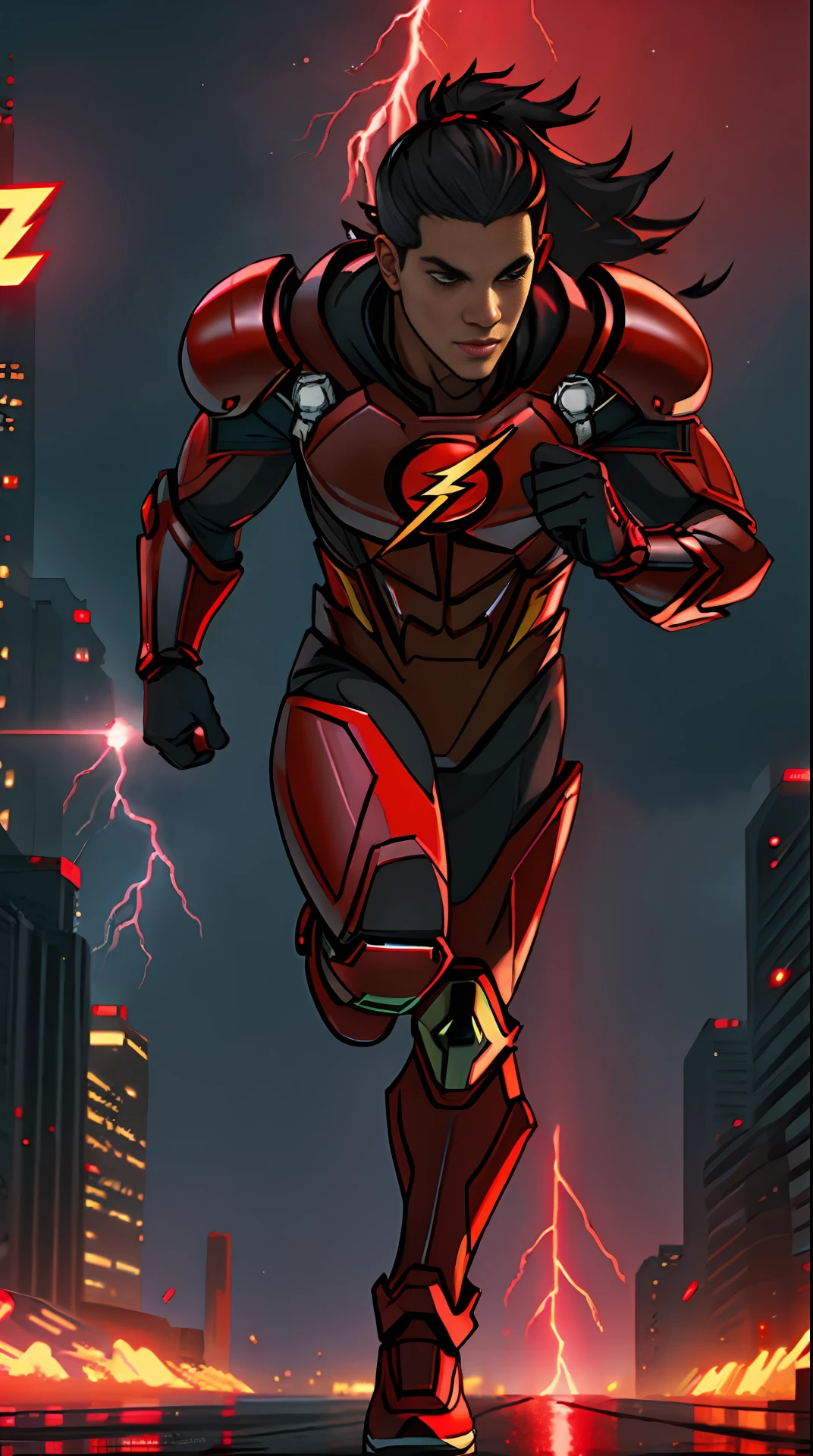 the flash , black and red armor, invoked mask, running, in the background a city, lightning in the sky, ultra details, ultra realistic, cinematic , octane render, 16k