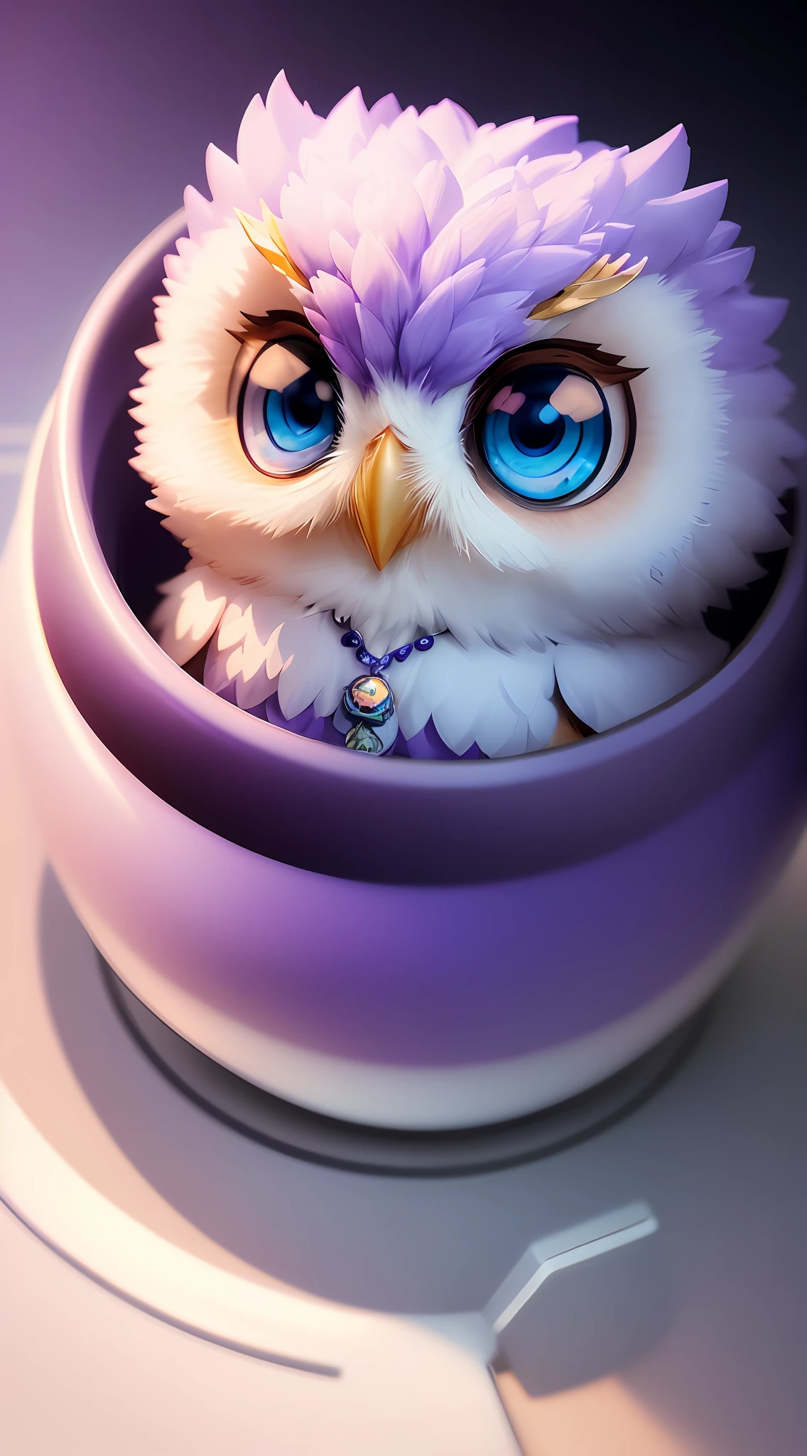 gorgeous tiny hyperrealistic purple and white owl with azuia color eyes, passionate look, Chibi, adorable and cute, logo design, cartoon, cinematic lighting effect, charming, 3D vector art, cute and quirky, fantasy art, bokeh, hand drawn, digital painting, soft lighting, isometric style, 4K resolution, photorealistic rendering, highly detailed cleaning, vector image, photorealistic masterpiece, professional photography, simple space scenery, plain white background, isometric, vibrant vector