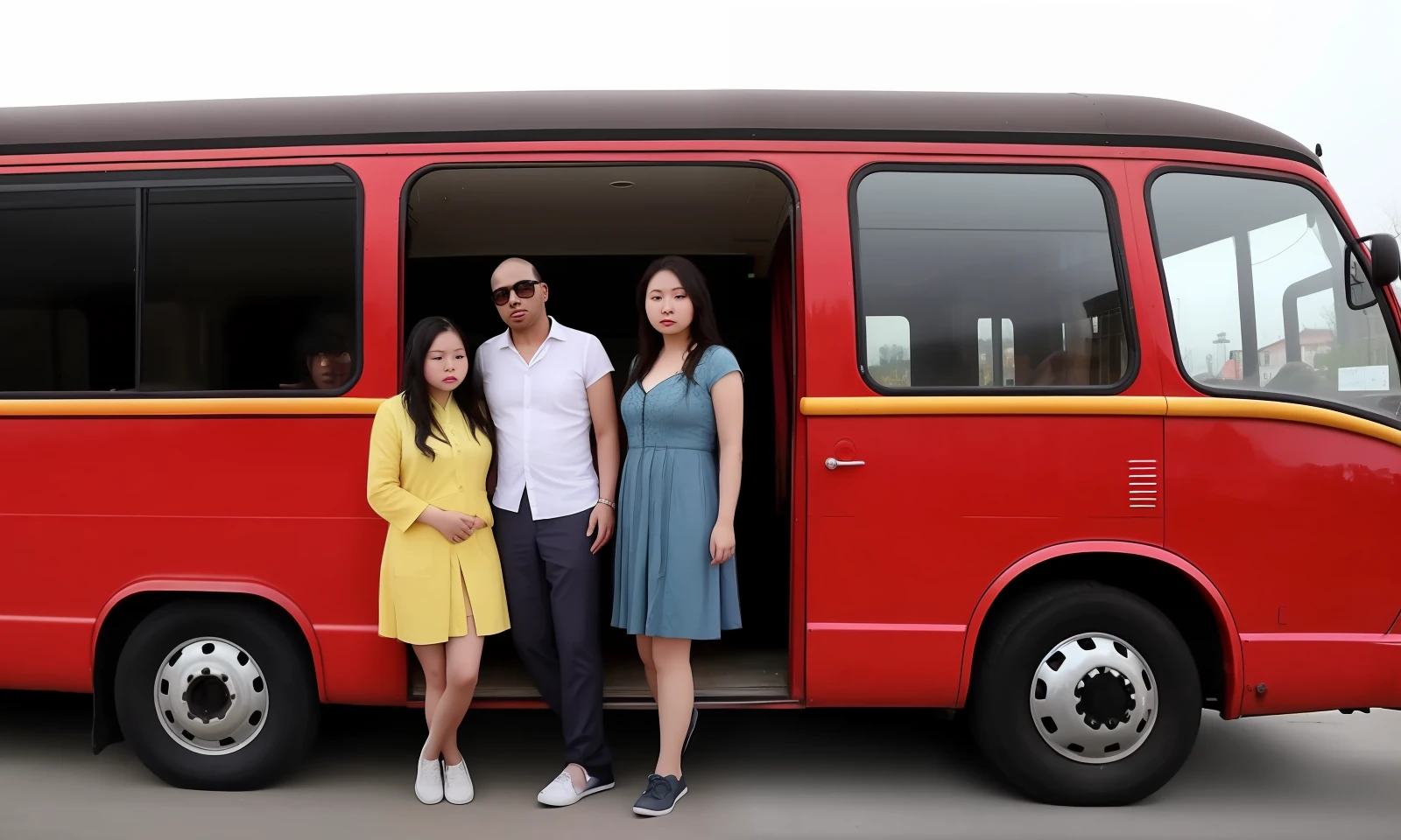 A soul bus with two living people in the car, and the rest are souls. Two living people are Chinese girls. The soul on the bus turned pale.