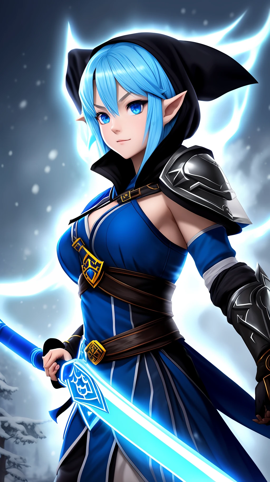 A photo of Princess Zelda from a full body shot, short Blue hair, blue eyes, dressed as a Ninja in black+neon blue with a black mask and hood with blue details, XL bust, holding a sword ice, emanating icy energy around your body. Background: gruesome cemetery at night with snow. Mortal Kombat, Unreal Engine 5, Anime, Anime style, Masterpiece, Well drawn eyes, well drawn face, well detailed eyes, well detailed face, 8k, light and shadow effect.