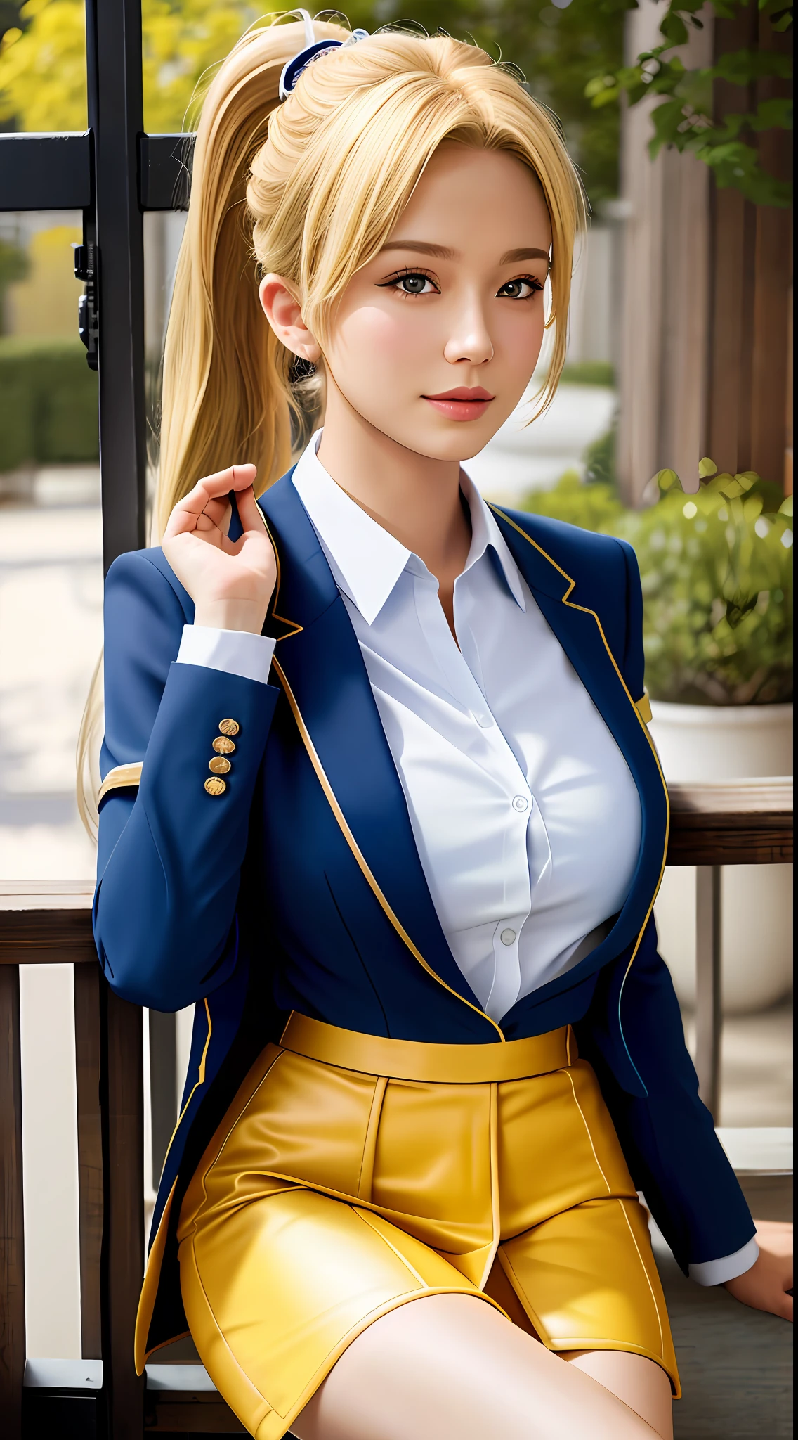 best quality, masterpiece, 1girl, Beautiful face, (blonde hair), (photo realistic:1.3), rim lighting, (high detailed skin:1.2), 8k uhd, dslr, high quality, high resolution, 4k, 8k, Bokeh, absurdres, best ratio four finger and one thumb, (realistic:1.3), cute 1girl, wearing blue blazer school uniform, medium breasts, short skirt, ponytail contorted,