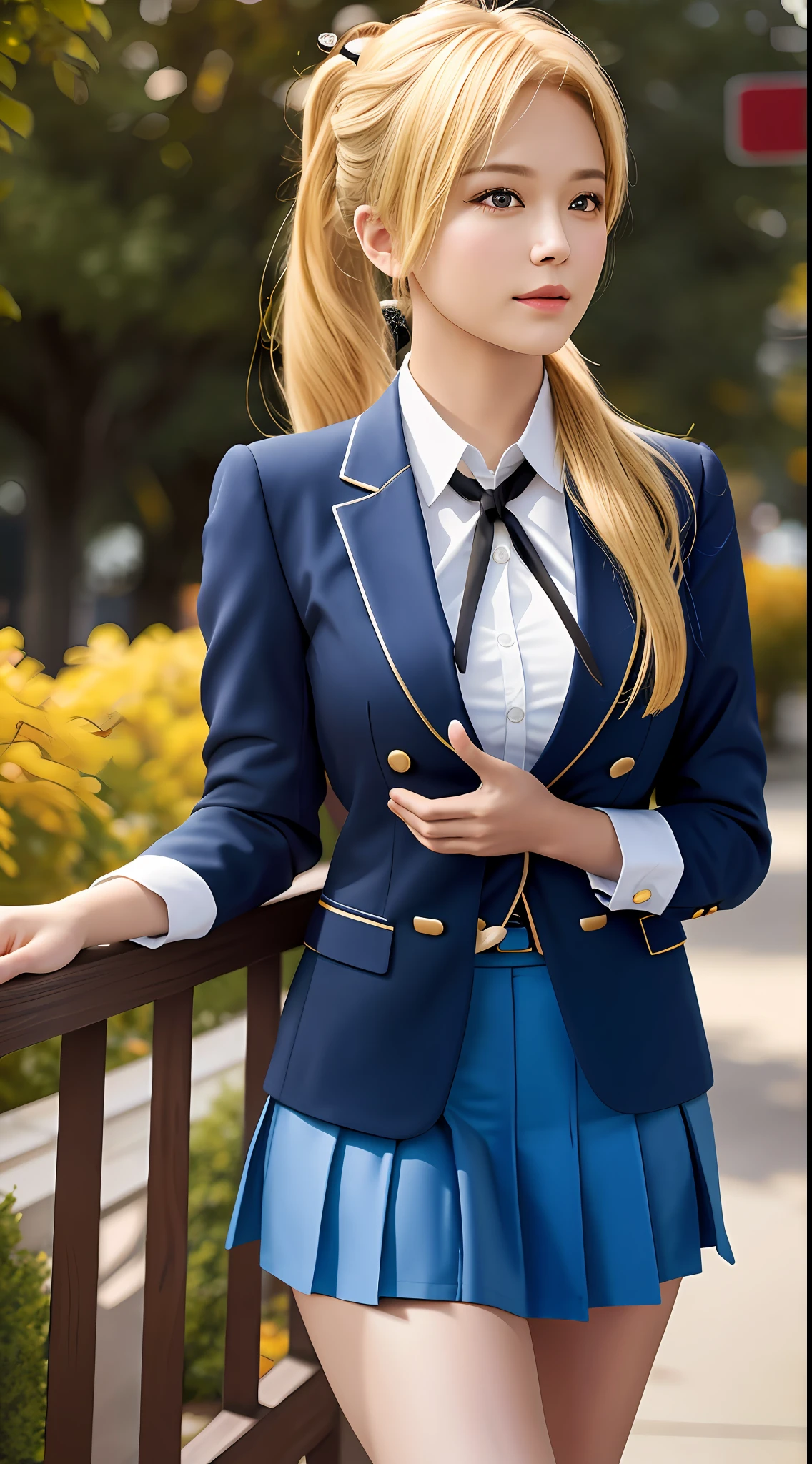 best quality, masterpiece, 1girl, Beautiful face, (blonde hair), (photo realistic:1.3), rim lighting, (high detailed skin:1.2), 8k uhd, dslr, high quality, high resolution, 4k, 8k, Bokeh, absurdres, best ratio four finger and one thumb, (realistic:1.3), cute 1girl, wearing blue blazer school uniform, medium breasts, short skirt, ponytail contorted,