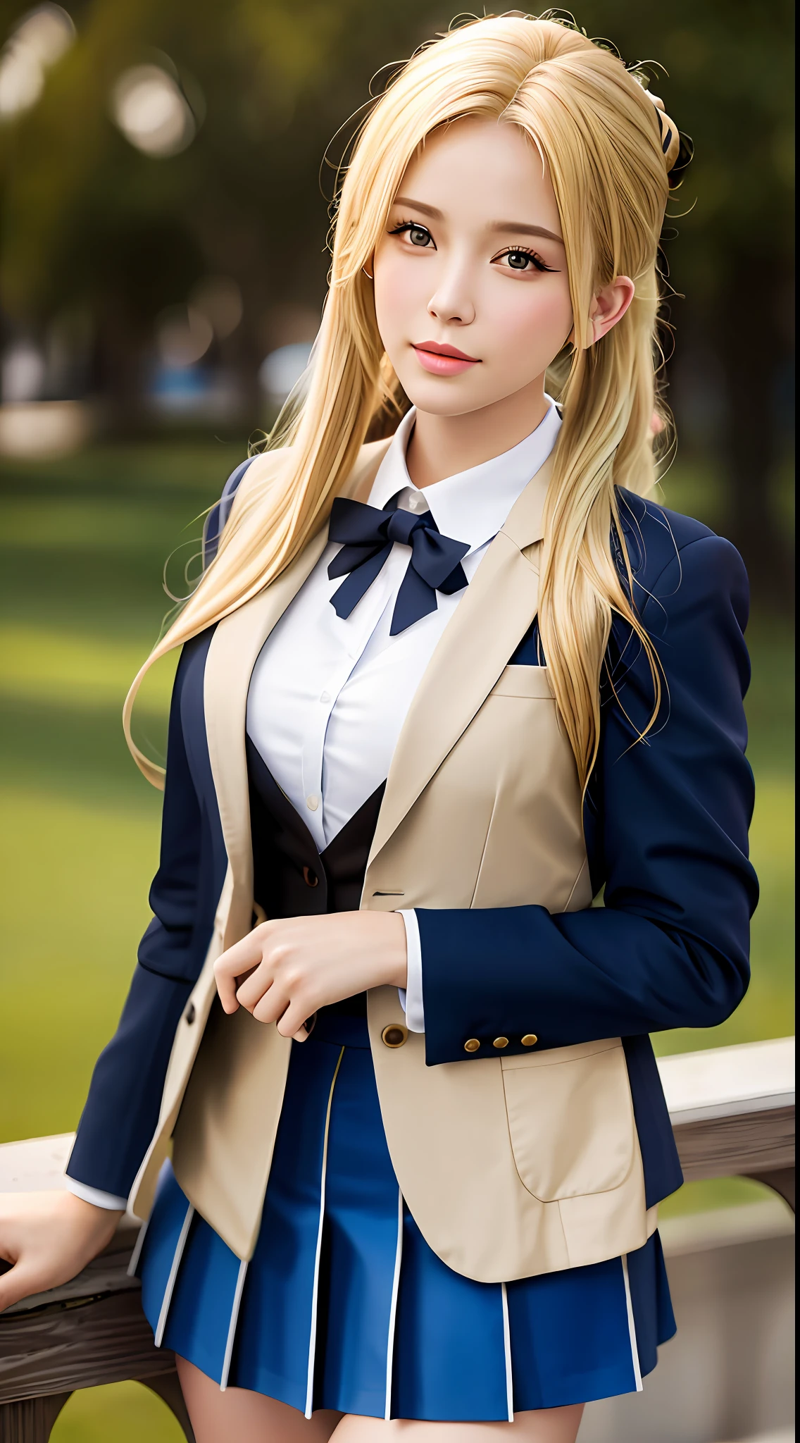 best quality, masterpiece, 1girl, Beautiful face, (blonde hair), (photo realistic:1.3), rim lighting, (high detailed skin:1.2), 8k uhd, dslr, high quality, high resolution, 4k, 8k, Bokeh, absurdres, best ratio four finger and one thumb, (realistic:1.3), cute 1girl, wearing blue blazer school uniform, medium breasts, short skirt, ponytail contorted,