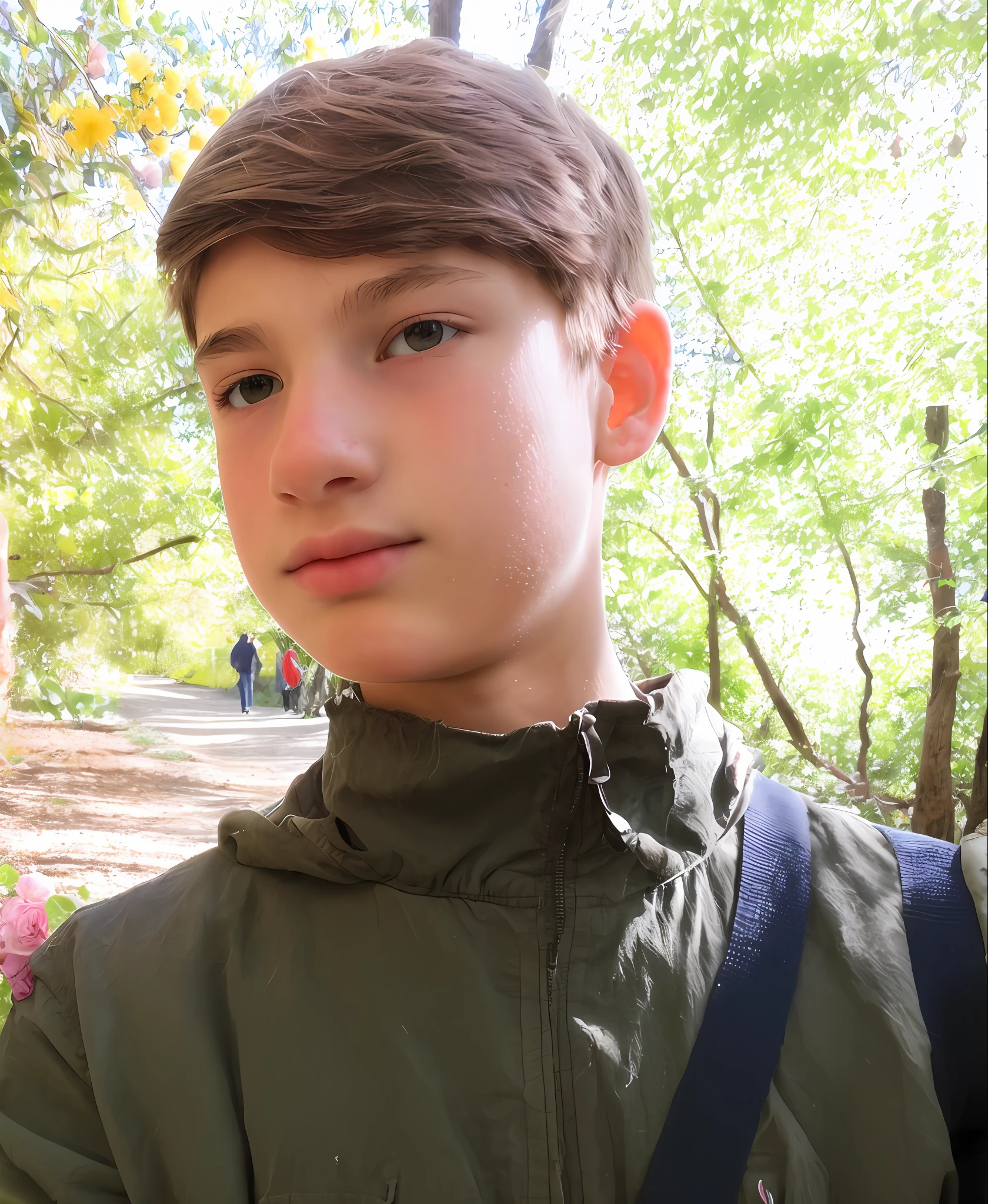 The boy is 16 years old. angel, beautiful eyes, angelic gaze, innocent, sweet, gentle boy, virgin look, brown eyes, standing in front of rose bushes, many flowers, standing in the forest
