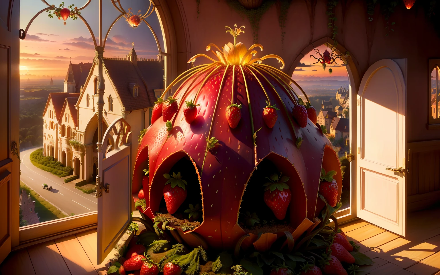 big strawberry in the shape of an anthill, close, enchanting, beautiful, windows, doors, balcony, tendrils, mystical, firefly, dusk, ants running around, extremely realistic, realistic cartoon, 4k, masterpiece