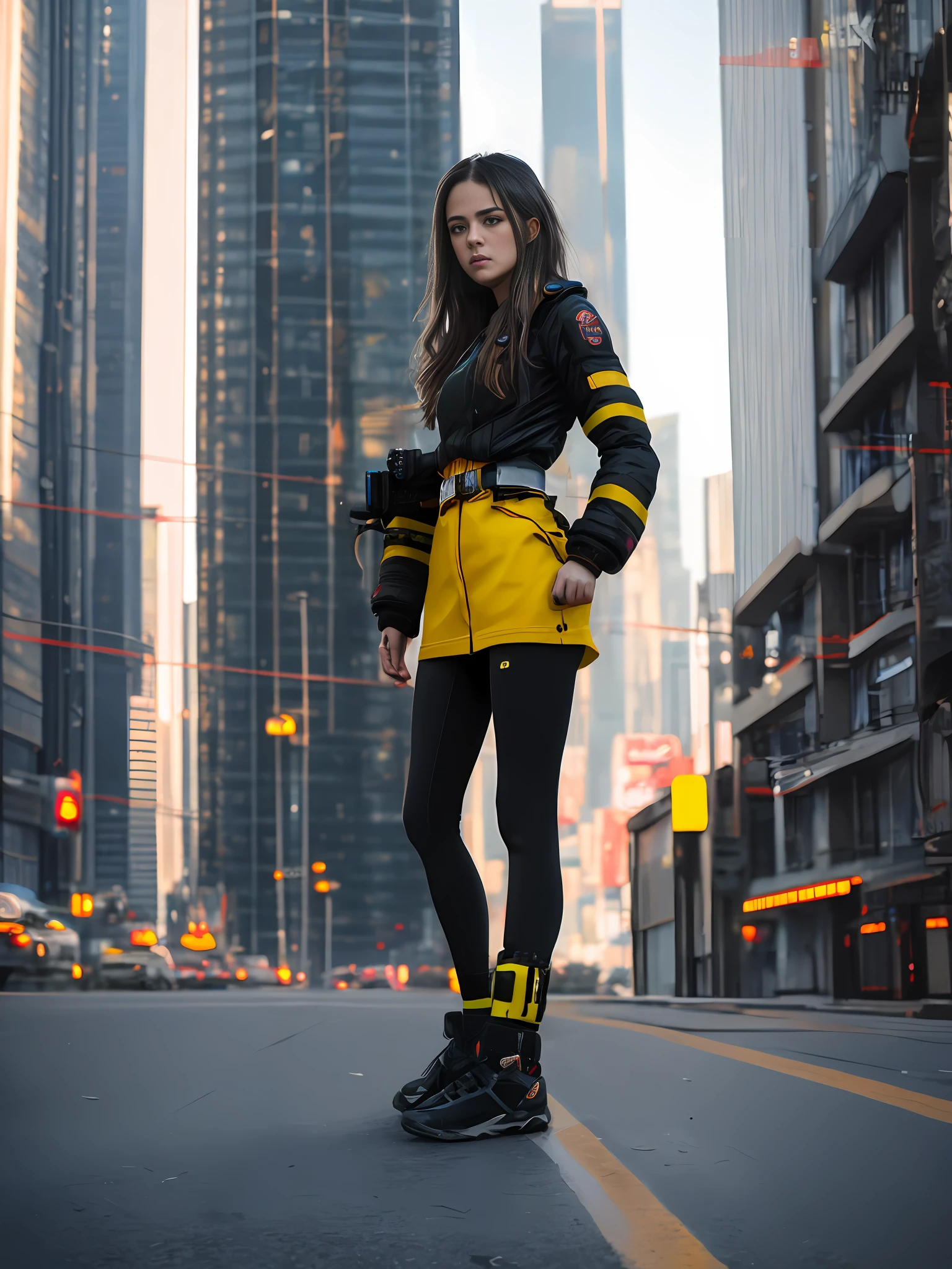 RAW photo, 1 girl, one (portrait: 1.2) full body of cute woman in cyberpunk suit in the city (high detail skin: 1.2), 8k uhd, DSLR, soft light, high quality, film grain, Fujifilm XT3
