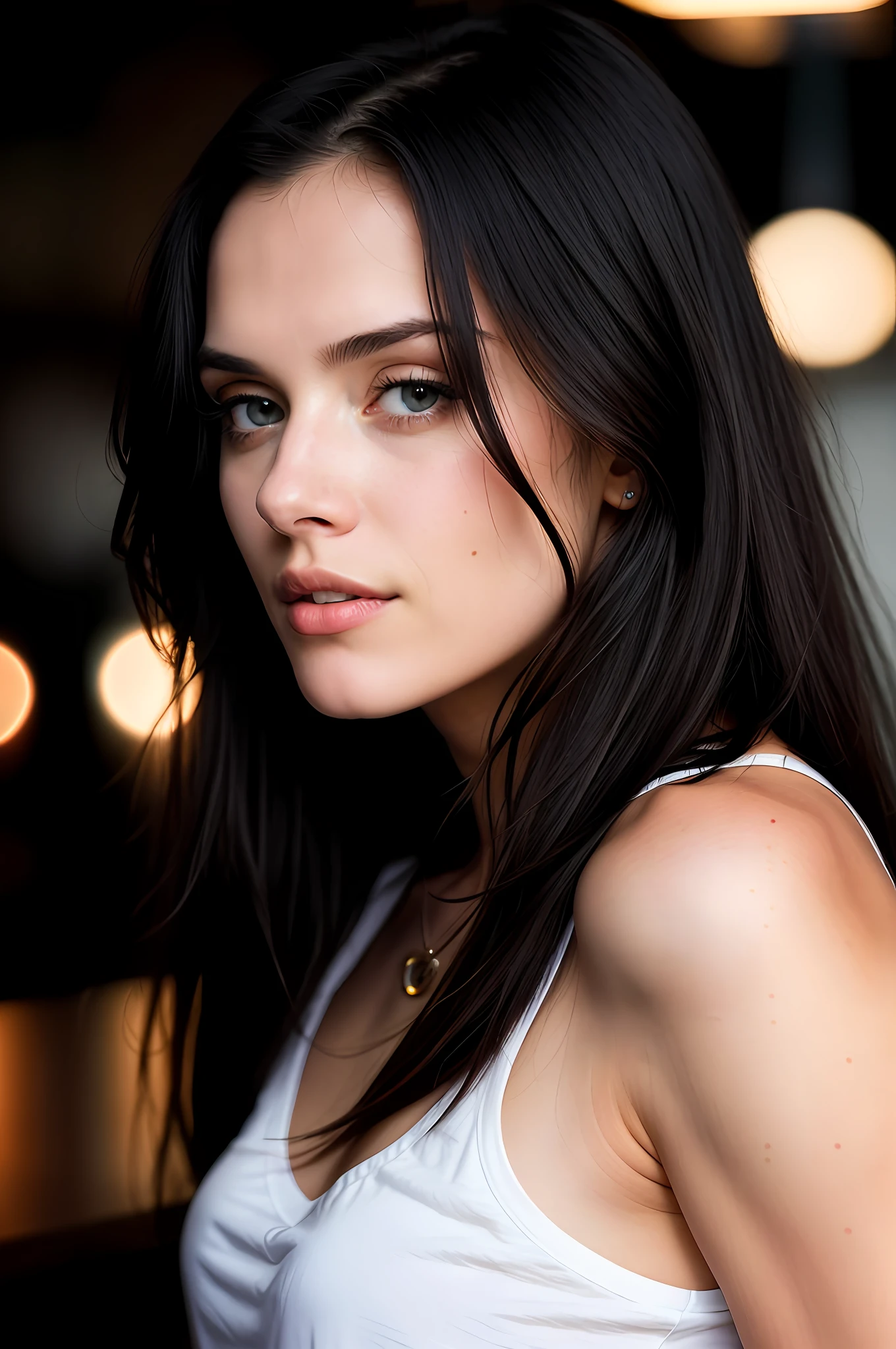 Beautiful woman, long straight black hair, wearing a white t-shirt without print, wearing leather belt, front view (sitting inside a modern restaurant at night), Alice Kremelbergjani, very detailed, 30 years, natural wave hair, blue eyes, high-res, masterpiece, best quality, intricate details, highly detailed, sharp focus, detailed skin, realistic skin texture, texture, detailed eyes,  professional, 4k, Canon shooting, 85mm, shallow depth of field, kodak color vision, perfect fit body, extremely detailed, photo_\(ultra\), photorealistic, realistic, post-processing, maximum detail, roughness, real life, ultra realistic, photorealism, photography, 8k uhd, photography (grain of film) medium shot for closeup shot atmospheric dark lighting