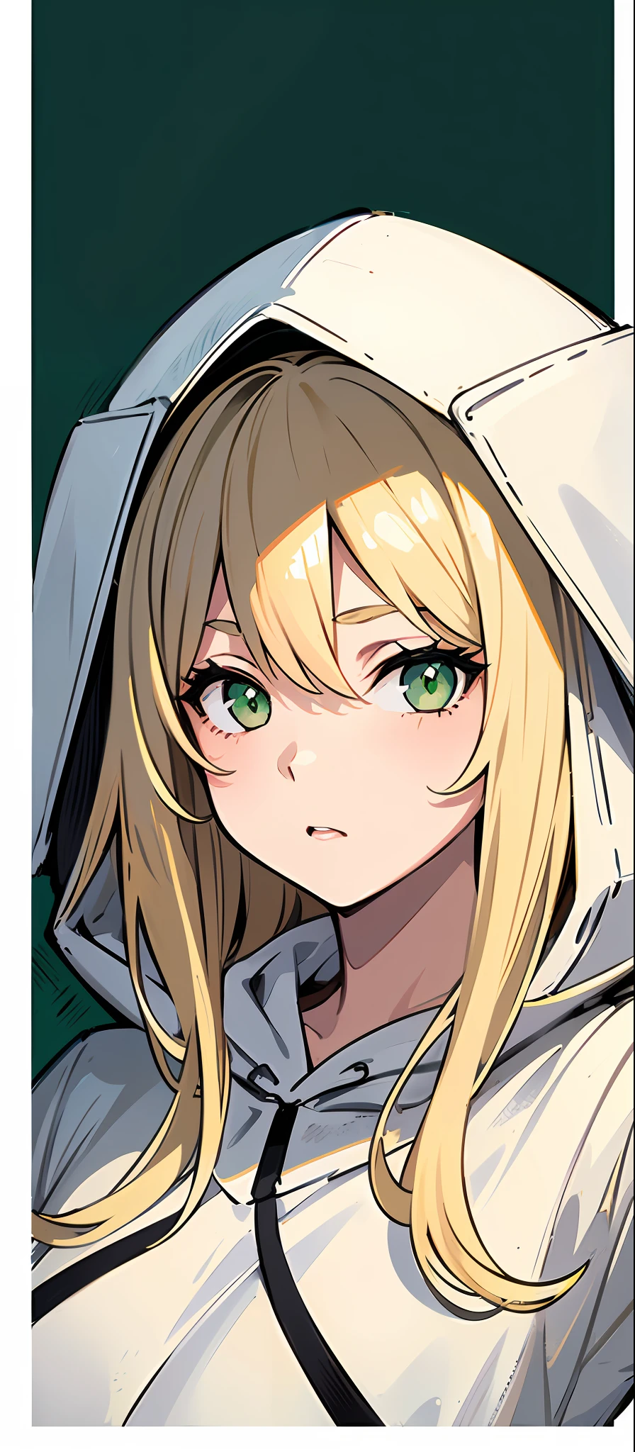 ((masterpiece, illustration, strong outlines 1girl, solo, sharp focus, 8k)), (blonde beige hair:1.3), long hair, very long hair, green eyes, dark green eyes, selfie, portrait, face focus, (oversized hoodie, white monochrome hoodie:1.3), cute, digital art, beautiful, perfection,