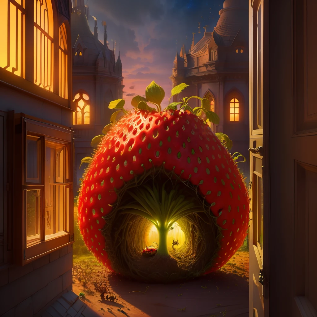 big strawberry in the shape of an anthill, close, enchanting, beautiful, windows, doors, balcony, tendrils, mystical, firefly, dusk, ants running around, extremely realistic, realistic cartoon, 4k, masterpiece