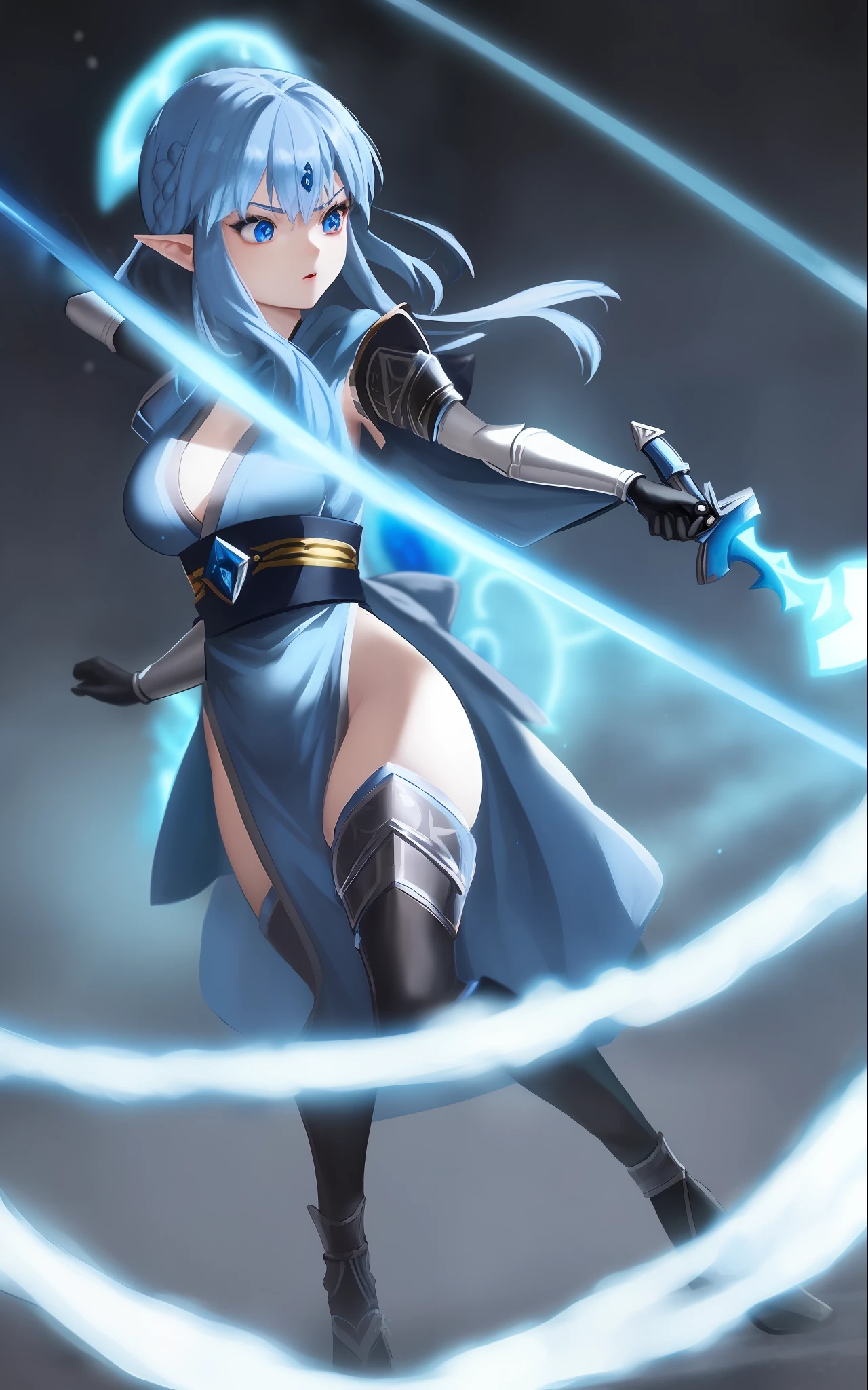 A photo of Princess Zelda from a full body shot, short Blue hair, blue eyes, dressed as a Ninja in black+neon blue with a black mask and hood with blue details, XL bust, holding a sword ice, emanating icy energy around your body. Background: gruesome cemetery at night with snow. Mortal Kombat, Unreal Engine 5, Anime, Anime style, Masterpiece, Well drawn eyes, well drawn face, well detailed eyes, well detailed face, 8k, light and shadow effect.
