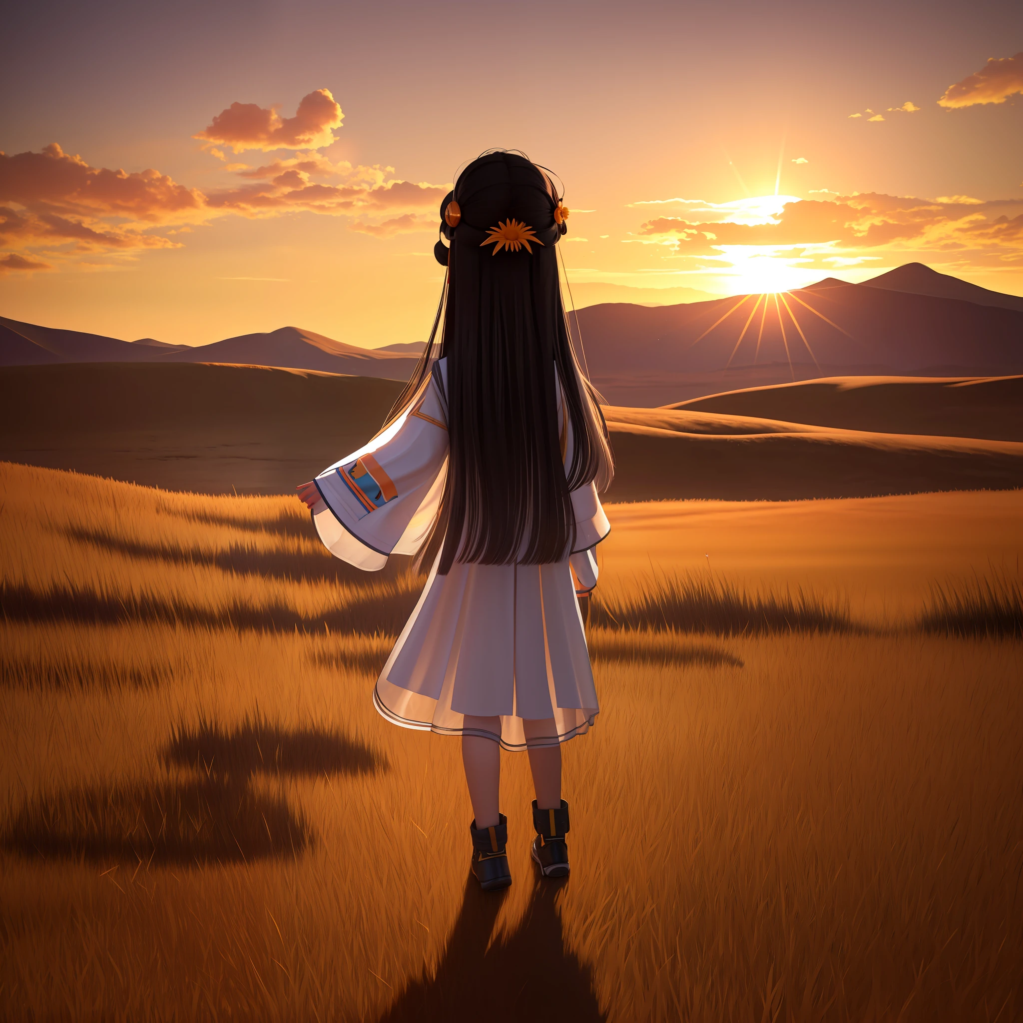 Hair floating in midair, back view, Look at the sun, There is a starship in the sky, Three suns, A  girl with black hair, 12 yea Standing in the steppe, landscape, universe, 8k, super detail