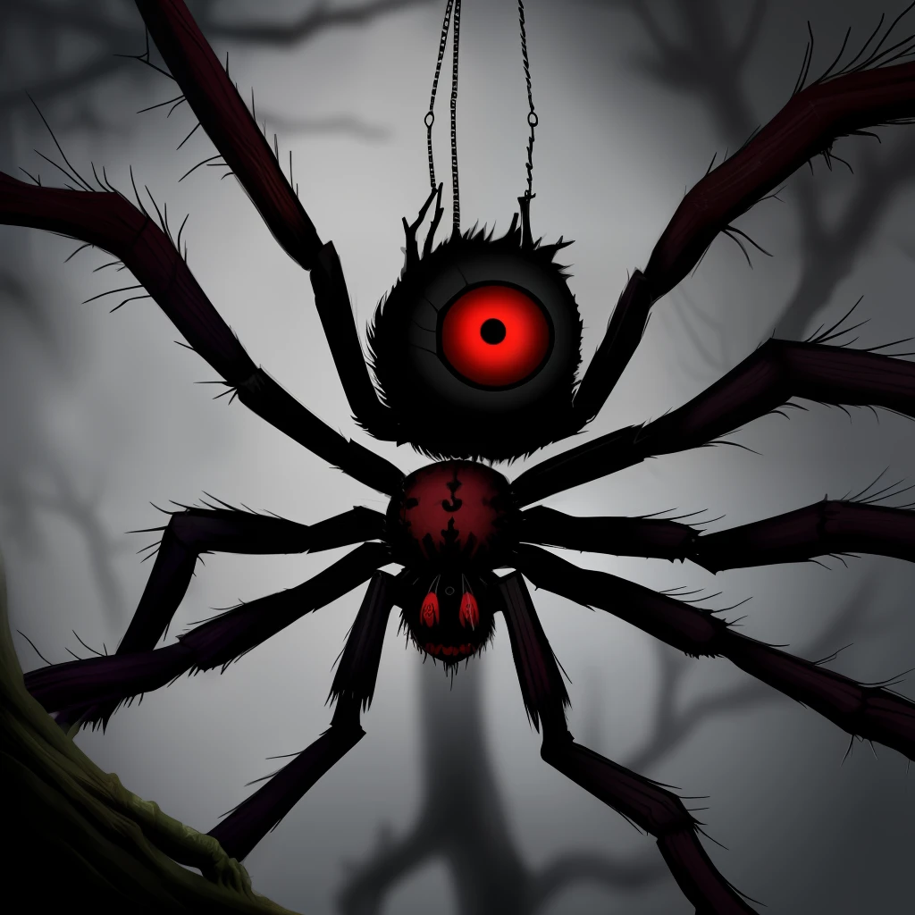 spider with red eyes hanging off a dead tree fantasy spooky
