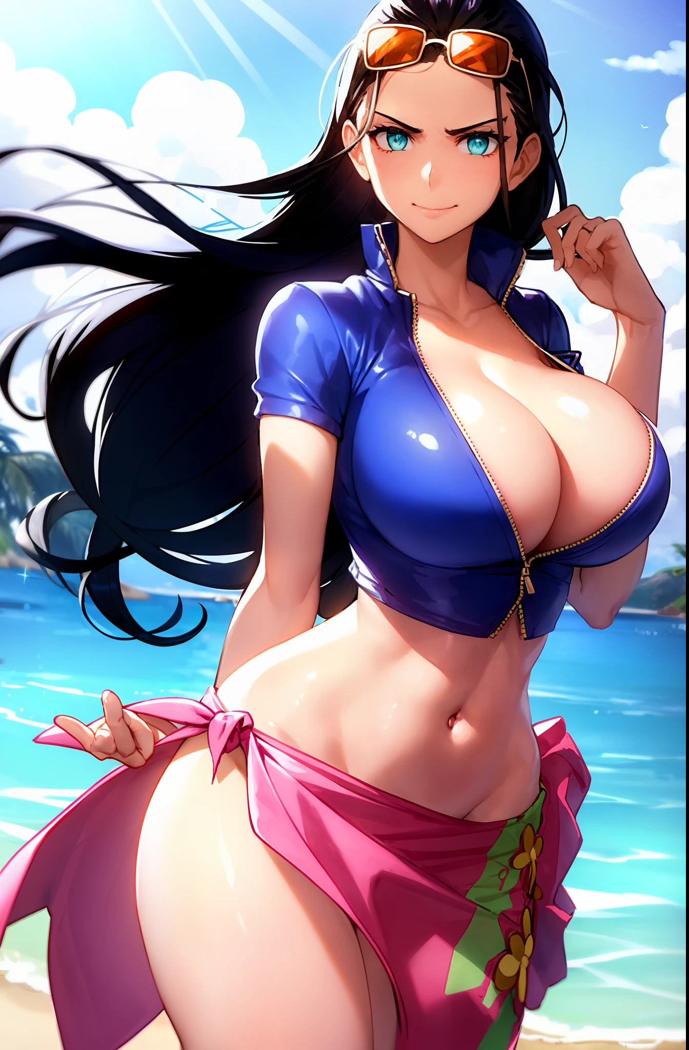 nico robin, wanostyle, 1girl, aqua eyes, black hair, breasts, cleavage, closed mouth, collared jacket, cowboy shot, crop top, cropped jacket, eyewear on head, hair slicked back, hand up, high collar, jacket, large breasts, long hair, looking at viewer, midriff, navel, plunging neckline, pose, sarong, short sleeves, smile, solo, standing, stomach, sunglasses, very long hair, flower drawing on jacket, outdoors, sea, ((masterpiece))
