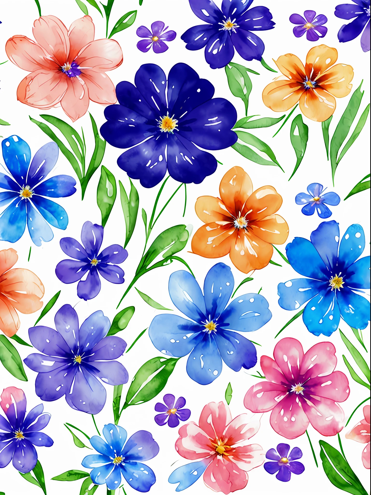 watercolor, flower, beautiful, watercolor style, flower and leaf patterns, wet on wet technique, muted, indigo, fabric design, flat illustration, highly detailed clean, vector image, masterpiece, professional, isometric, bright vector, white background, dry brush, brush strokes, painted on canvas, by J.M.W. Turner. expressive marks.