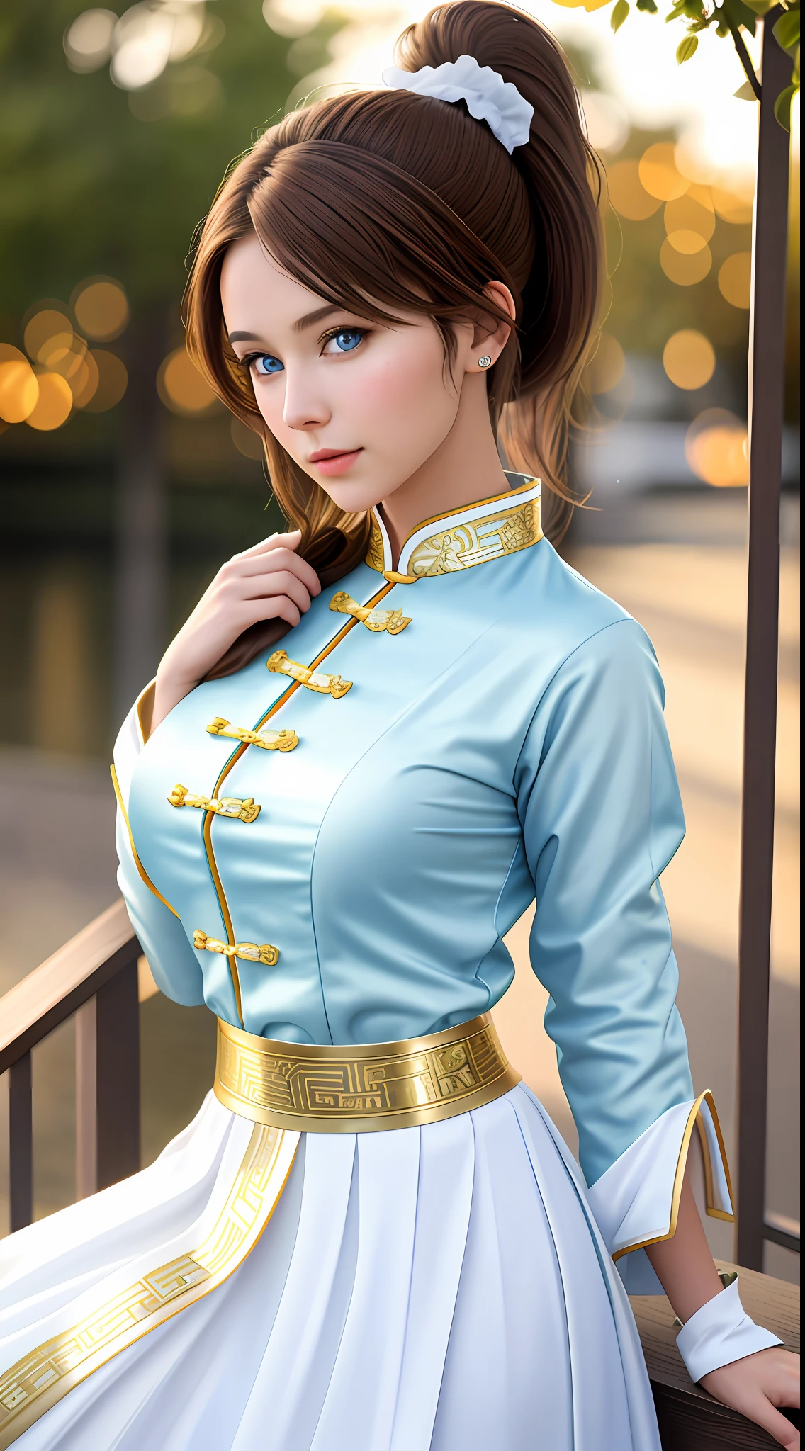best quality, masterpiece, 1girl, Beautiful face, (gold-brown hair), (blue eyes), (photo realistic:1.3), rim lighting, (high detailed skin:1.2), 8k uhd, dslr, high quality, high resolution, 4k, 8k, Bokeh, absurdres, best ratio four finger and one thumb, (realistic:1.3), cute kawaii 1girl, wearing white chinese traditional clothes, medium breasts, ponytail contorted,