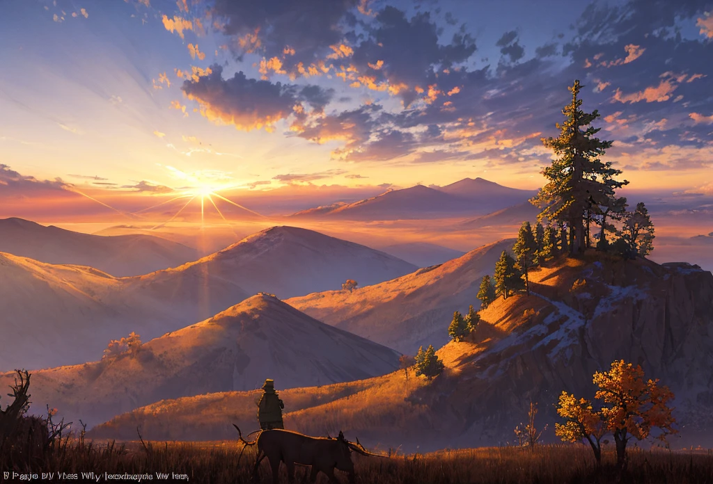 incredibly detailed lighting, masterpiece, best quality, pastoral, golden hour, lone tree, silhouette figure on horizon