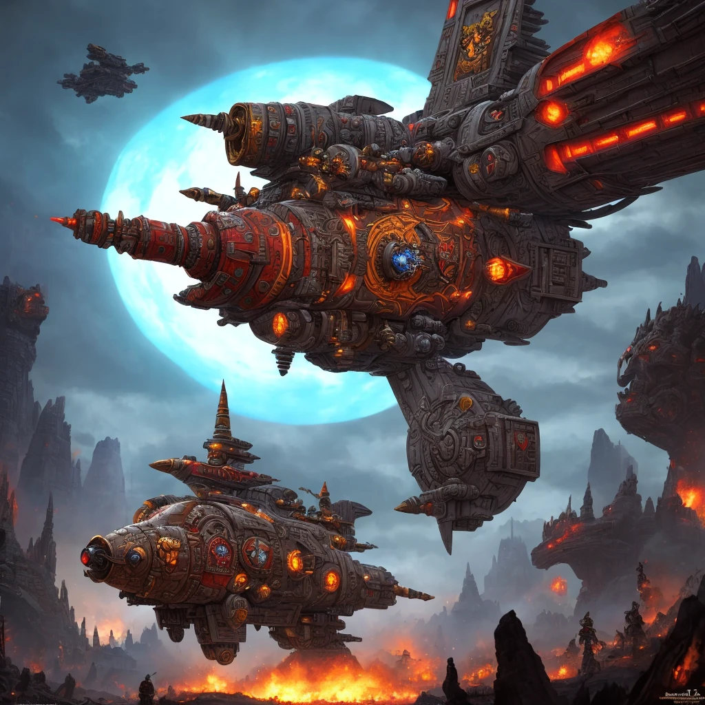 a horde spaceship, tribe cultural theme style, warhammer style, colorful, high definition, super detailed wide angle
