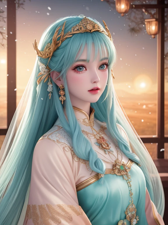 vintage style fantasy, masterpiece, magnificent art, best quality, 1girl, close-up girl nordic princess, Scandinavian mountains, winter weather, symmetrical and hyper detailed face, silky skin like peach silk, vibrant and aggressive green eyes, white and messy hair up to the waist, sculptural body, (sparks: 0.7), Adobe Illustration, Trand on Artstation, 8K, hd, UHD, cold and soft lighting, --q 500 --s 100, -