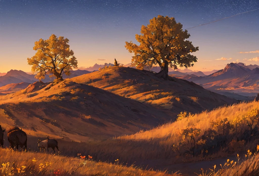 incredibly detailed lighting, detailed shadow, masterpiece, best quality, pastoral, golden hour, lone tree, silhouette of a shepherd on horizon, grazing fantasy mammals, wildflowers in foreground