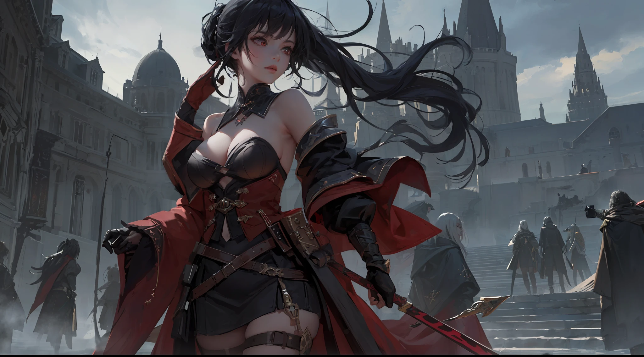 girl, goddess, perfect waist, black hair, very long hair, straight hair, red eyes, sinister looking, sexy, hair gathered into a ponytail, large breasts, large hips, long maroon dress with short sleeves, black gloves to the elbow, girl floating in the air, cumulus clouds in the background, detailed face, detailed hands, detailed legs, detailed fingers, detailed hair, detailed eyes, detailed skin, dynamic lighting,  (detailed lighting:1.2), (detailed textures:1.3), (realistic lighting:1.2), realistic shadows, realistic skin, (photorealistic:1.4), 8k uhd, (hyper realistic), (photo realistic), (masterpiece), (best quality)