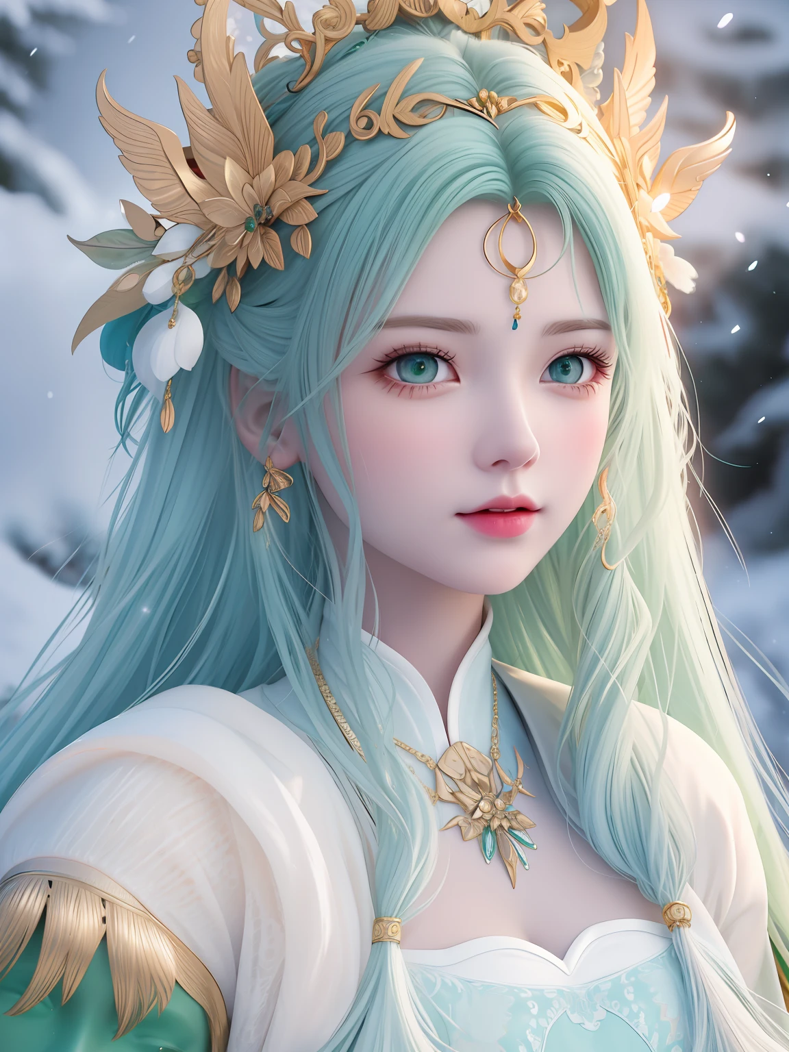 vintage style fantasy, masterpiece, magnificent art, best quality, 1girl, close-up girl nordic princess, Scandinavian mountains, winter weather, symmetrical and hyper detailed face, silky skin like peach silk, vibrant and aggressive green eyes, white and messy hair up to the waist, sculptural body, (sparks: 0.7), Adobe Illustration, Trand on Artstation, 8K, hd, UHD, cold and soft lighting,  --q 500 --s 100, -