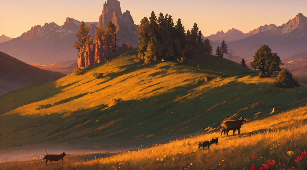 incredibly detailed lighting, detailed shadow, masterpiece, best quality, pastoral, golden hour, lone tree, silhouette of a shepherd on horizon, grazing fantasy mammals, wildflowers in foreground