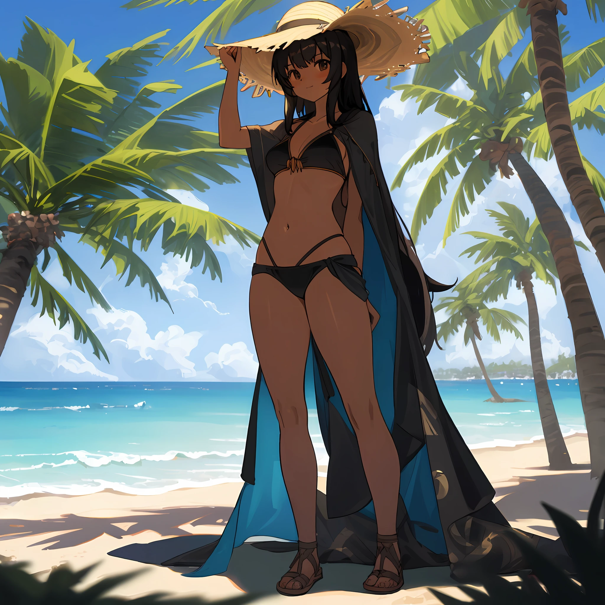 best quality, highres, absurdres, ultra detailed, midriff, stomach, tan, long hair, black hair, beach, palm tree background, 1girl, bikini, solo, breasts, professional lighting, sun in the sky, thick thighs, sun rays, sheer cloak, full body, facing viewer, sunglasses on head, hands behind back, straw sun hat,