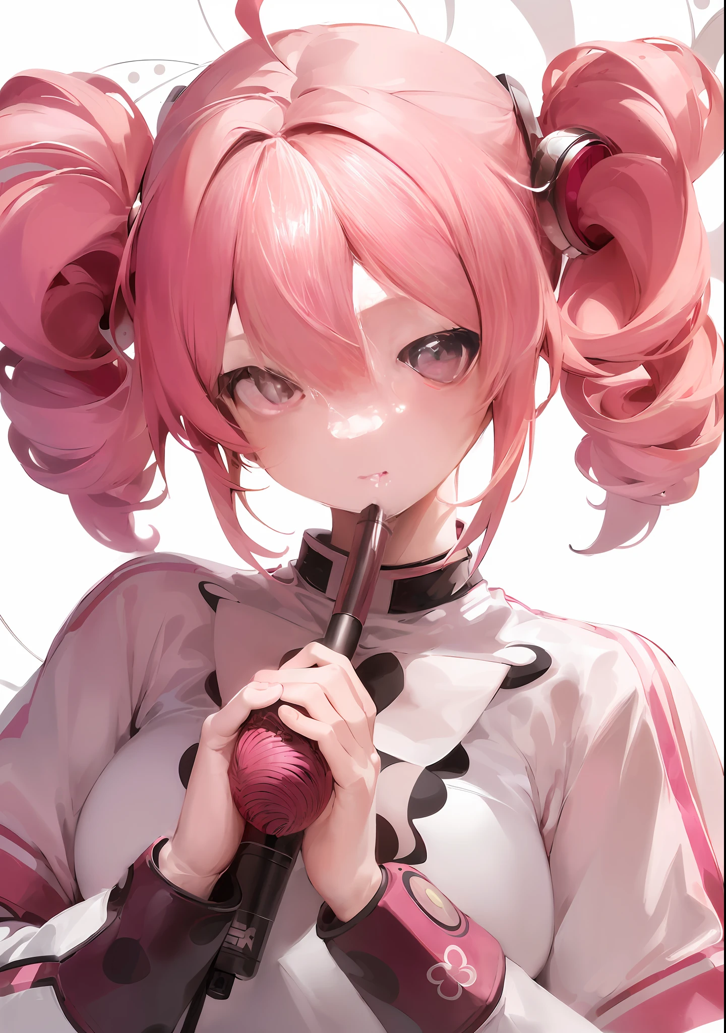 ((Masterpiece:1.2, Superlative)), Super Precision, Super Precision, Super Precision, (Zentangle:1.2), (Dynamic Pose), (Abstract Background:1.5), Anime Girl with Pink Hair in Uniform Holding a Microphone, Kasane Teto Fan Art, (Anime Girl), Anime Moe Art Style, Pink Twintail Hair, Waifu, Official Illustration, Portrait of Anime Girl