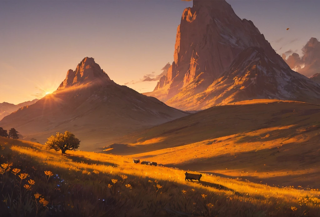 incredibly detailed lighting, detailed shadow, masterpiece, best quality, pastoral, golden hour, lone tree, silhouette of a shepherd walking in the distance:1.3, grazing pigs, wildflowers in foreground