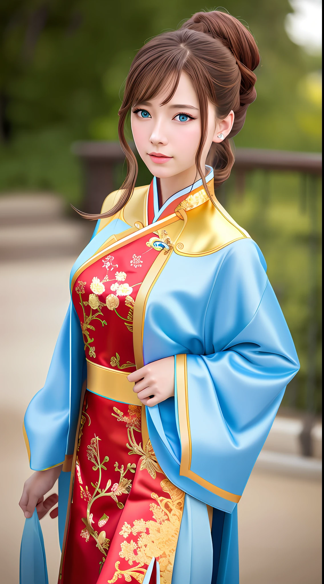 best quality, masterpiece, 1girl, Beautiful face, (gold-brown hair), (blue eyes), (photo realistic:1.3), rim lighting, (high detailed skin:1.2), 8k uhd, dslr, high quality, high resolution, 4k, 8k, Bokeh, absurdres, best ratio four finger and one thumb, (realistic:1.3), cute kawaii 1girl, wearing red chinese traditional dress, medium breasts, ponytail contorted,