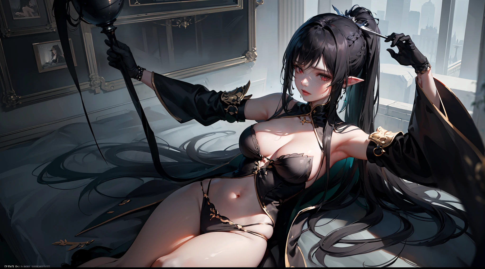 girl, goddess, perfect waist, black hair, very long hair, straight hair, red eyes, black butterflies around the girl, random birthmarks, sinister looking, sexy, hair gathered into a ponytail, large breasts, large hips, long burgundy dress with short sleeves, black gloves to her elbow, girl floating in the air, cumulus clouds in the background, detailed face, detailed hands, detailed legs, detailed fingers, detailed hair, detailed eyes, detailed skin, dynamic lighting, (detailed lighting:1.2), (detailed textures:1.3), (realistic lighting:1.2), realistic shadows, realistic skin, (photorealistic:1.4), 8k uhd, (hyper realistic), (photo realistic), (masterpiece), (best quality)