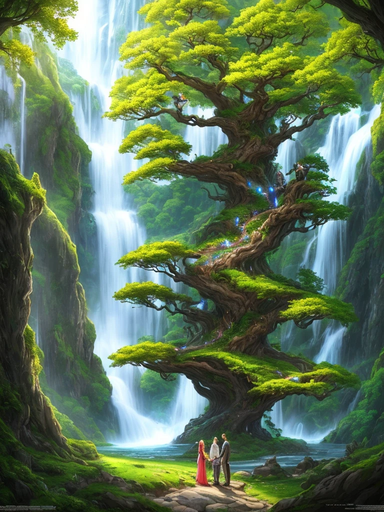 a man and woman standing in front of a tree with a waterfall, fantasy tree, fantasy magical vegetation, 4k fantasy art, made of tree and fantasy valley, concept art wallpaper 4k, 8k fantasy art, 4 k resolution concept art, wide angle fantasy art, yggdrasil, highly detailed fantasy art, detailed fantasy digital art, fantasy epic digital art